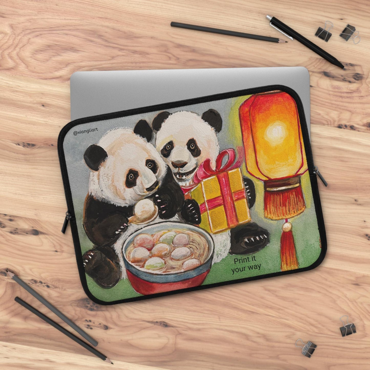 Panda Lantern Celebration Lunar New Year, Eating Tang Yuan, Chinese glutinous rice balls, Laptop Sleeve | Cute Pandas, Mooncake Bowl