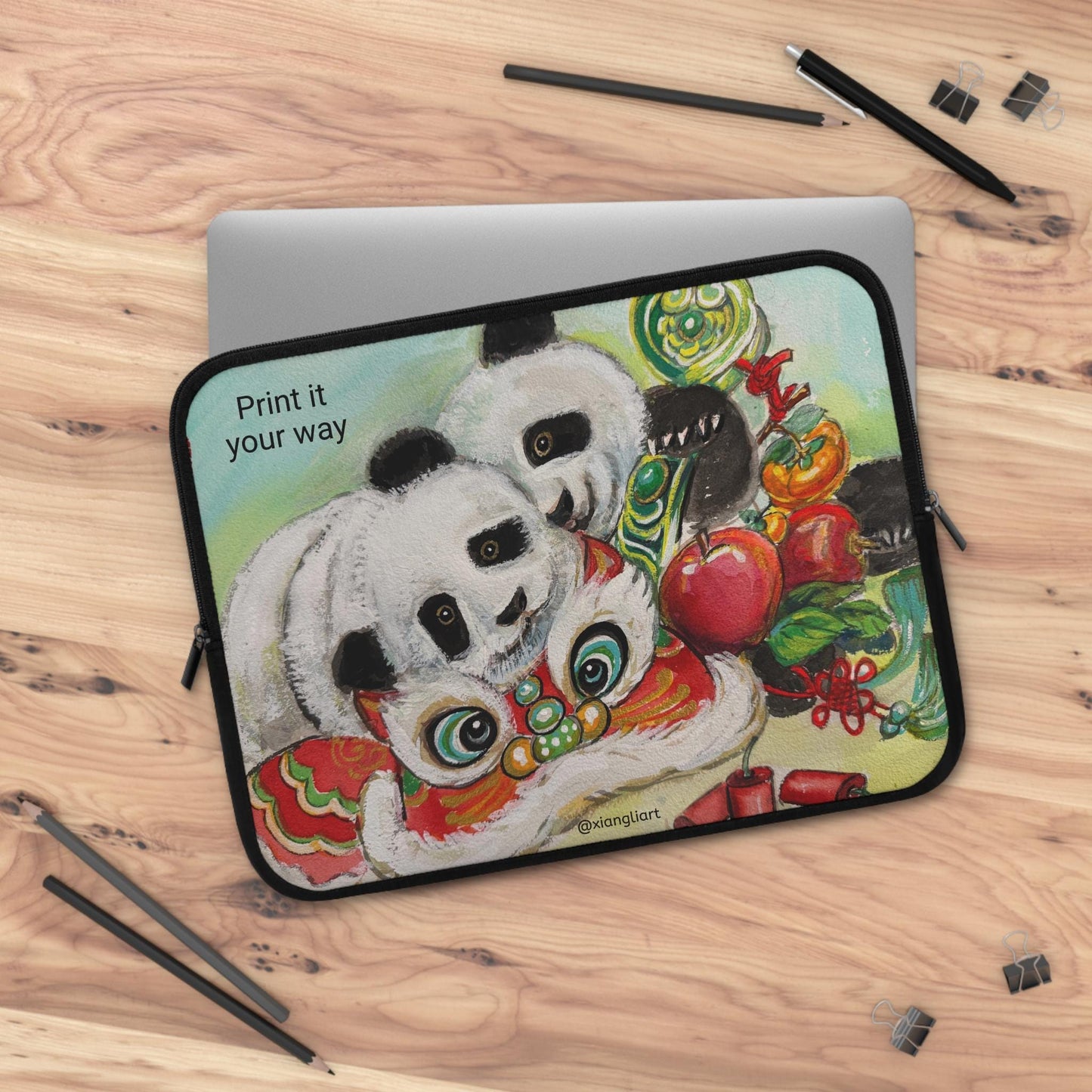 Panda Lion Dance Lunar New Year Celebration Laptop Sleeve | Cute Chinese New Year Illustration