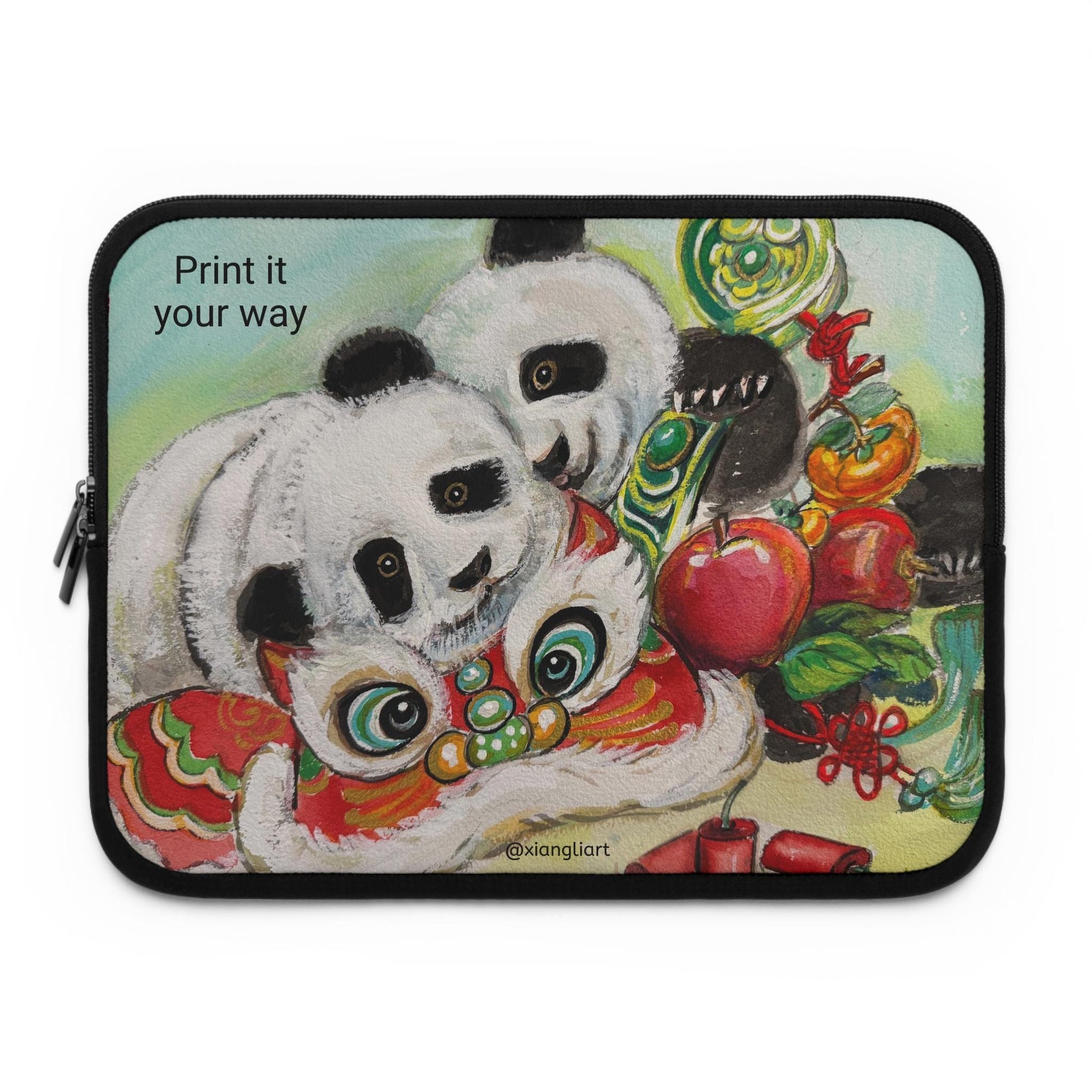Panda Lion Dance Lunar New Year Celebration Laptop Sleeve | Cute Chinese New Year Illustration