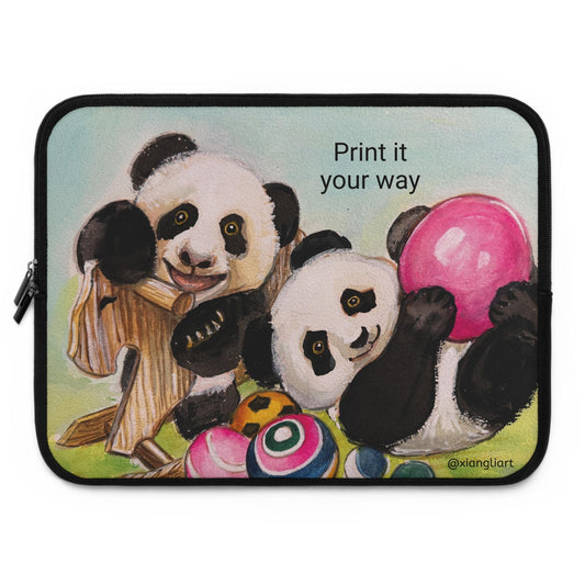 Playful Panda Cubs Laptop Sleeve Chinese Lunar New Year | Illustrated Pandas with Toys