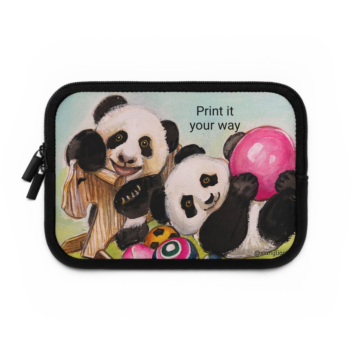 Playful Panda Cubs Laptop Sleeve Chinese Lunar New Year | Illustrated Pandas with Toys