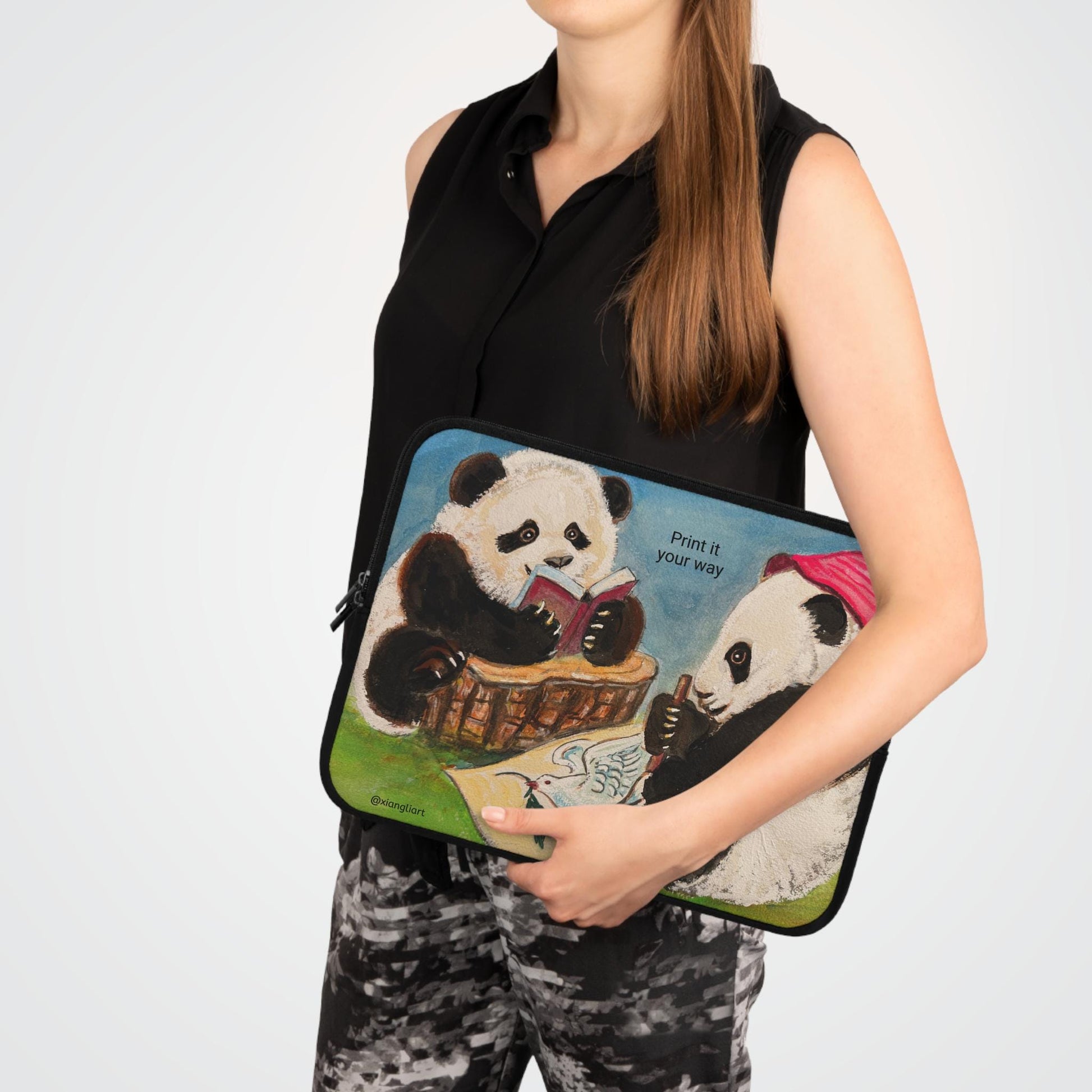 Reading Pandas Laptop Sleeve Chinese Lunar New Year Best Gift | Cute Book-Loving Panda Illustration