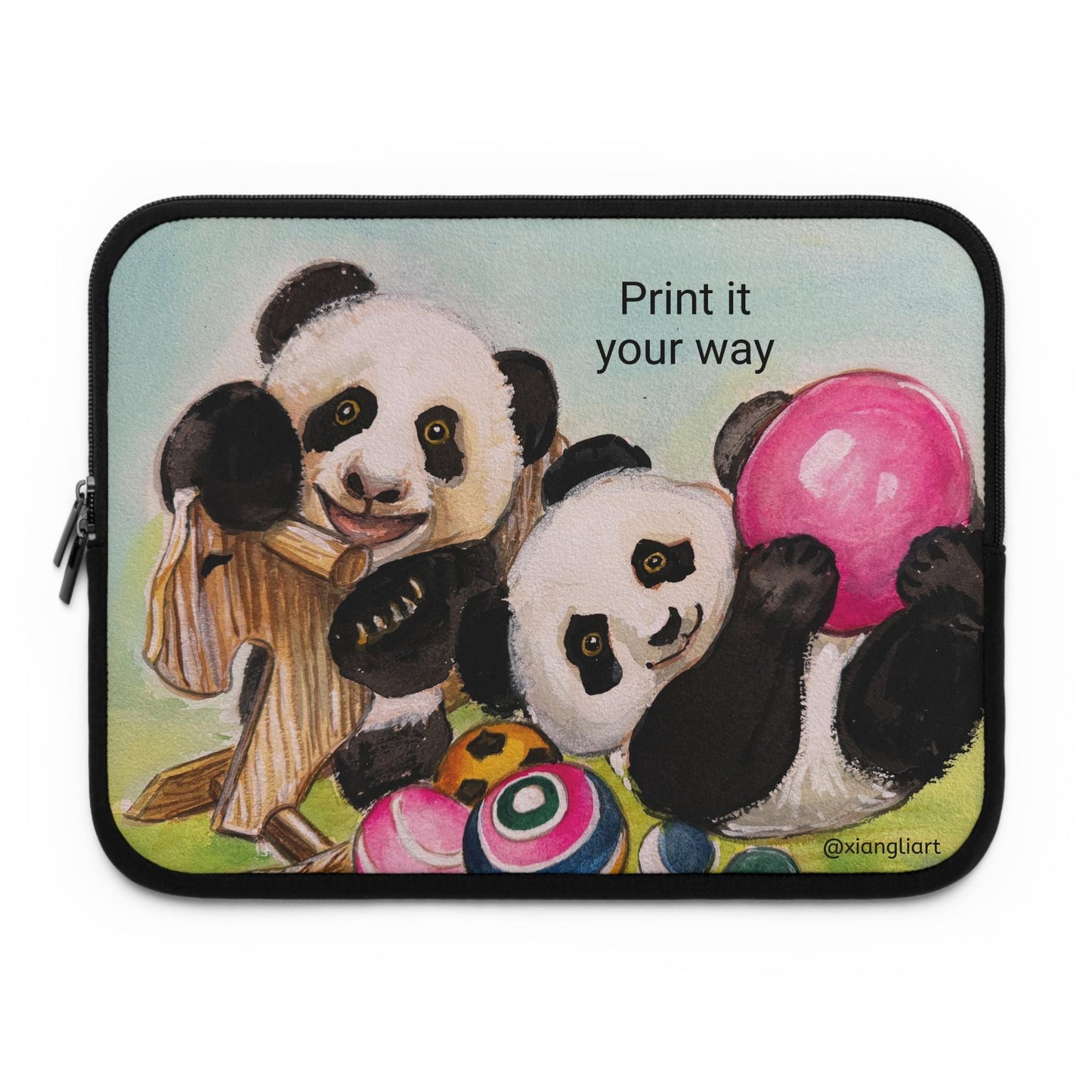 Playful Panda Cubs Laptop Sleeve Chinese Lunar New Year | Illustrated Pandas with Toys