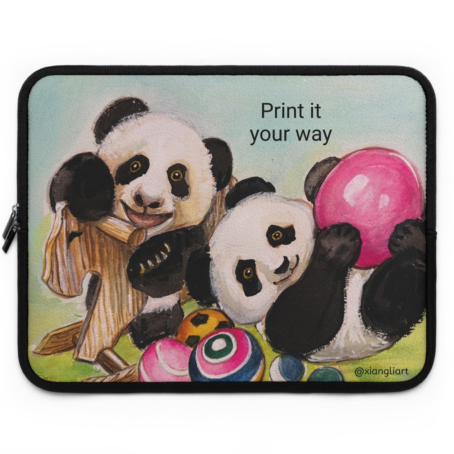 Playful Panda Cubs Laptop Sleeve Chinese Lunar New Year | Illustrated Pandas with Toys