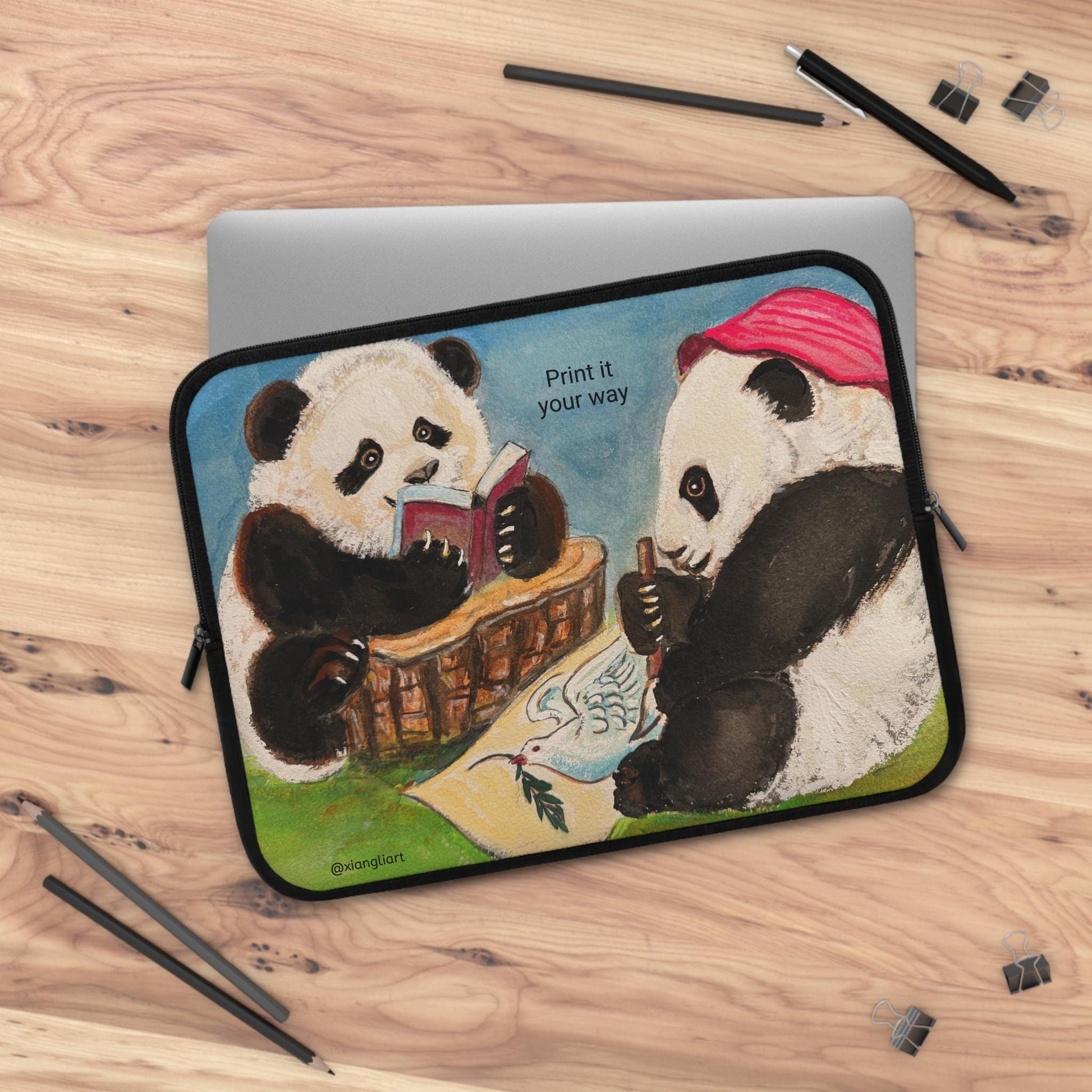 Reading Pandas Laptop Sleeve Chinese Lunar New Year Best Gift | Cute Book-Loving Panda Illustration