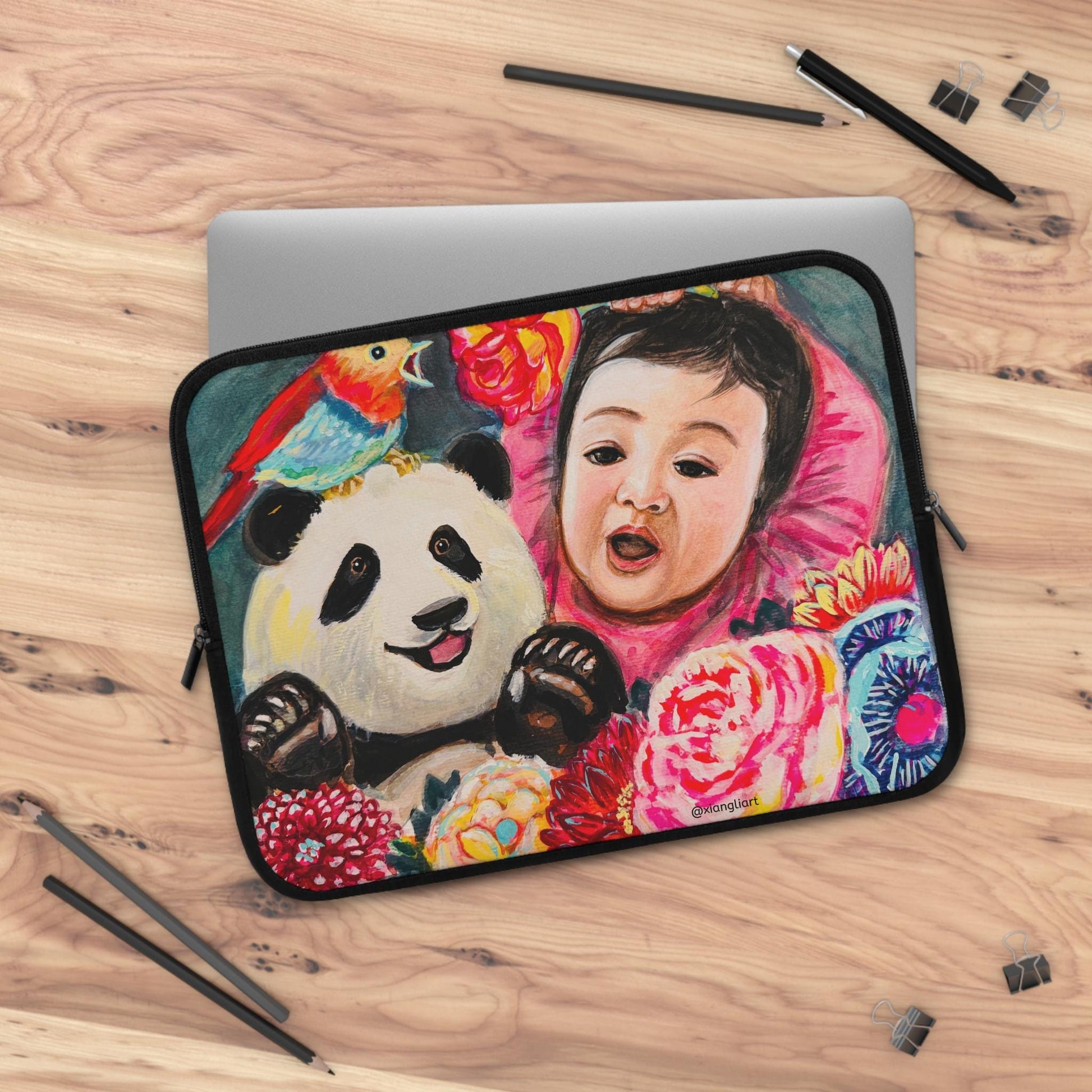 Baby and Panda Floral Art, Chinese Lunar New Year Gift, Laptop Sleeve | Colorful Nursery Illustration