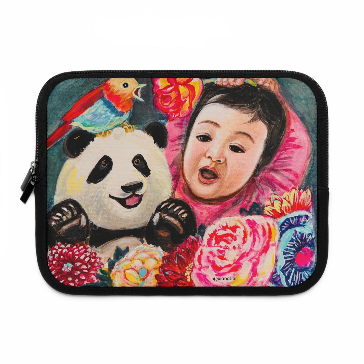 Baby and Panda Floral Art, Chinese Lunar New Year Gift, Laptop Sleeve | Colorful Nursery Illustration