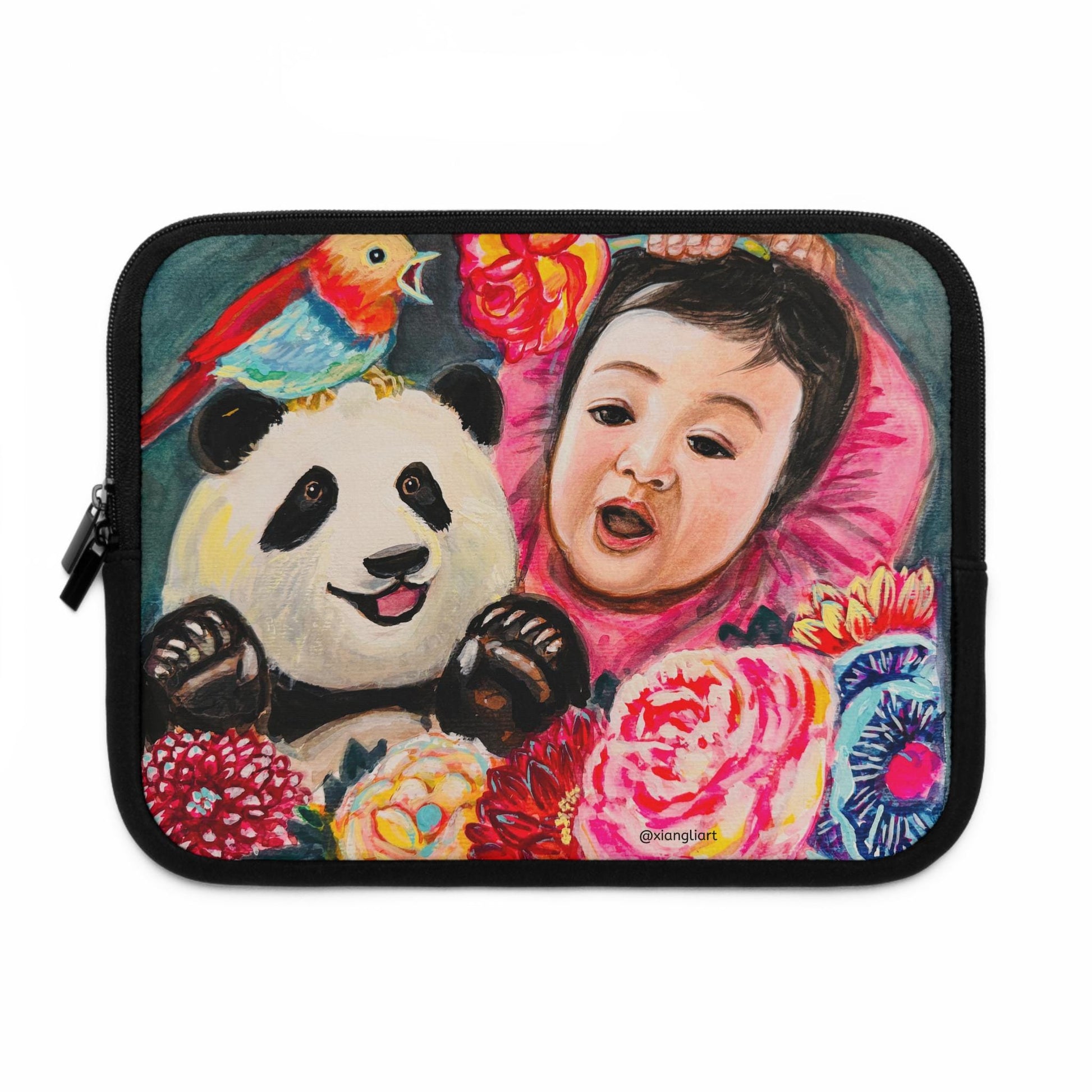 Baby and Panda Floral Art, Chinese Lunar New Year Gift, Laptop Sleeve | Colorful Nursery Illustration