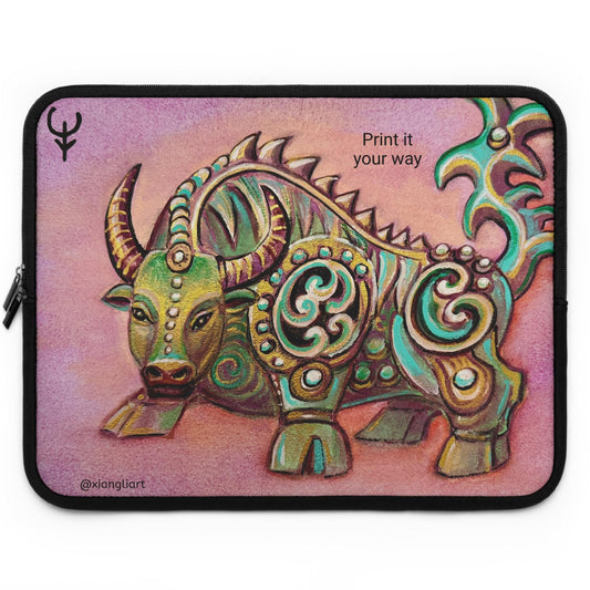 Decorative Jade Ox illustration Chinese Horoscope Lunar New Year Celebration Gift Laptop Sleeve | Zodiac Bull art, pastel background