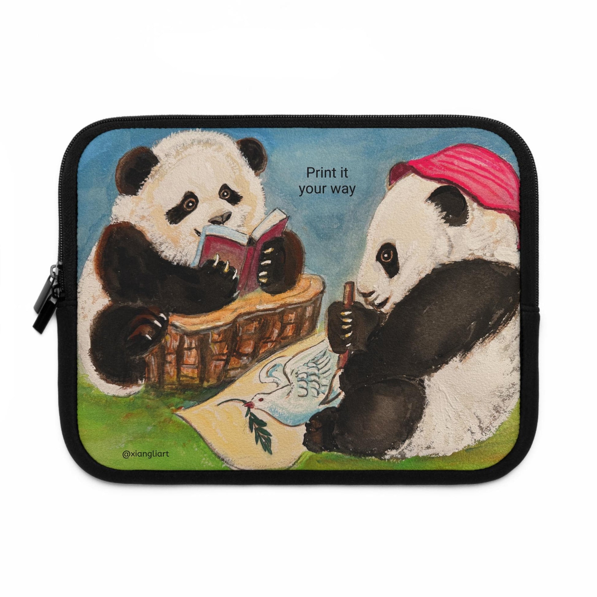 Reading Pandas Laptop Sleeve Chinese Lunar New Year Best Gift | Cute Book-Loving Panda Illustration