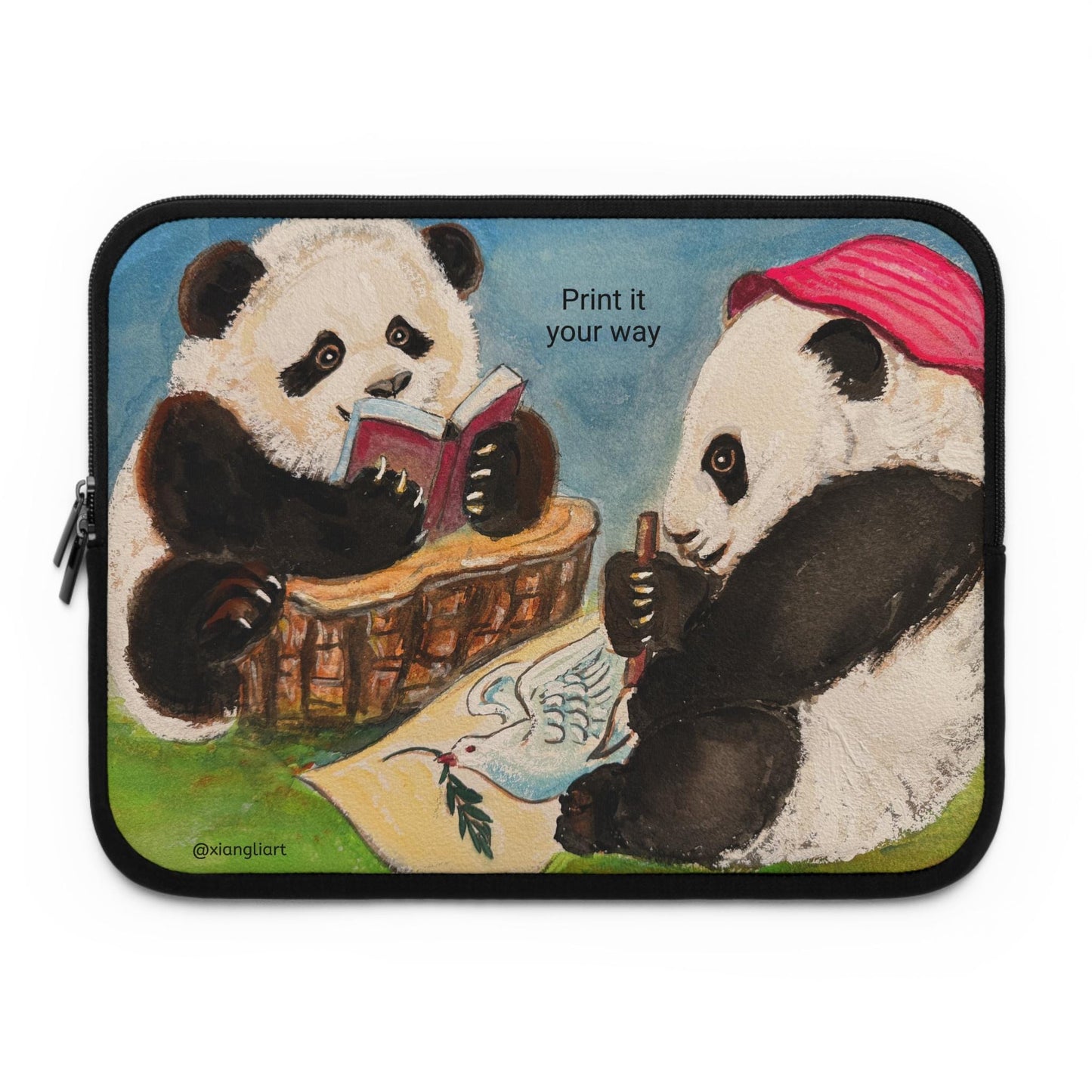 Reading Pandas Laptop Sleeve Chinese Lunar New Year Best Gift | Cute Book-Loving Panda Illustration