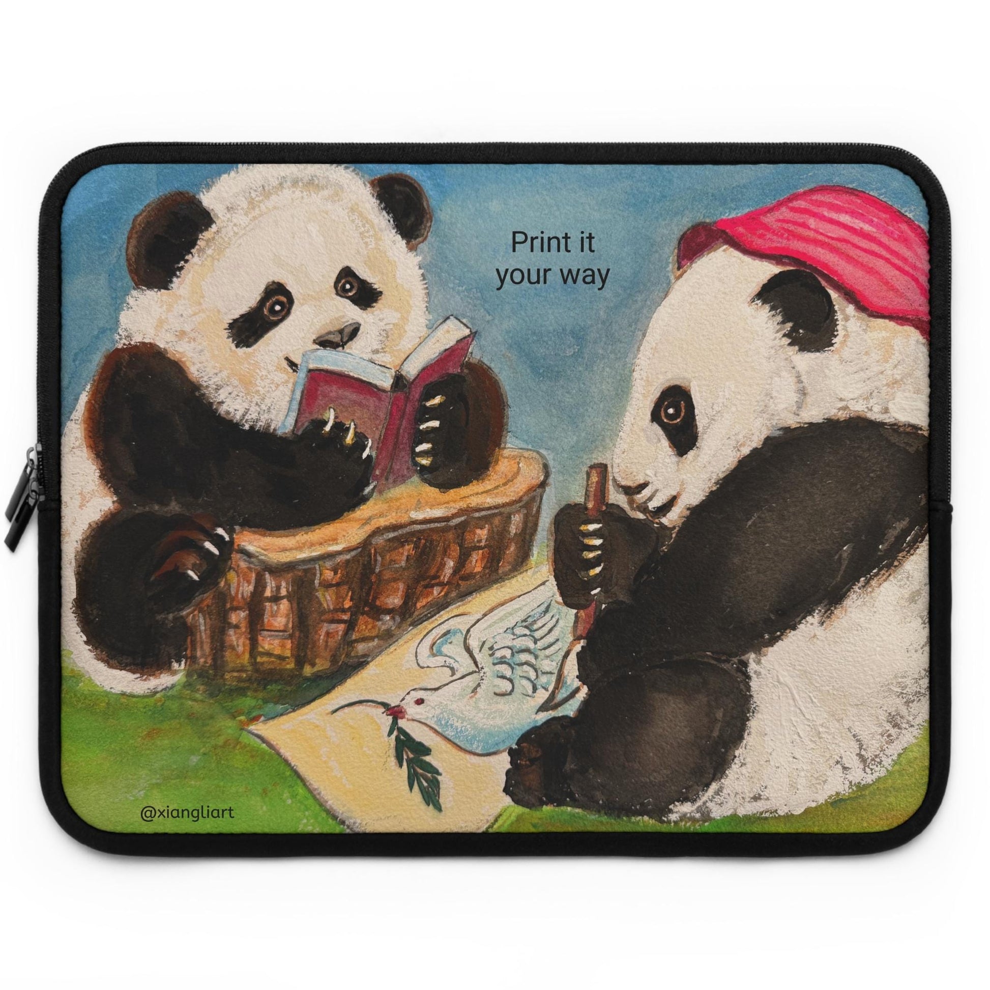 Reading Pandas Laptop Sleeve Chinese Lunar New Year Best Gift | Cute Book-Loving Panda Illustration
