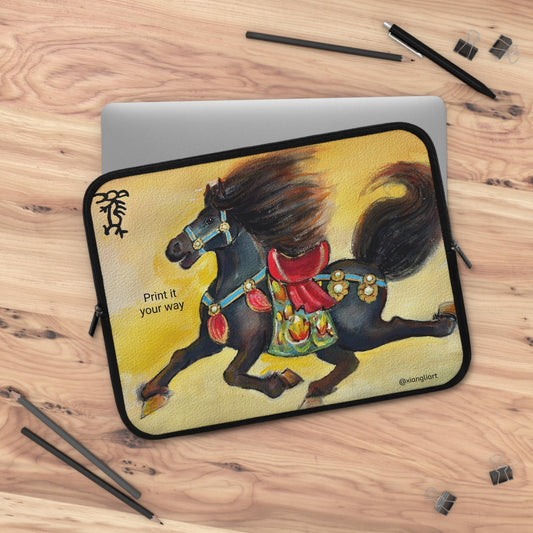 Decorative Carousel Horse Chinese Lunar New Year 2026 Gift, Year of the Horse Laptop Sleeve | Vintage Painted Pony, Running Black Horse