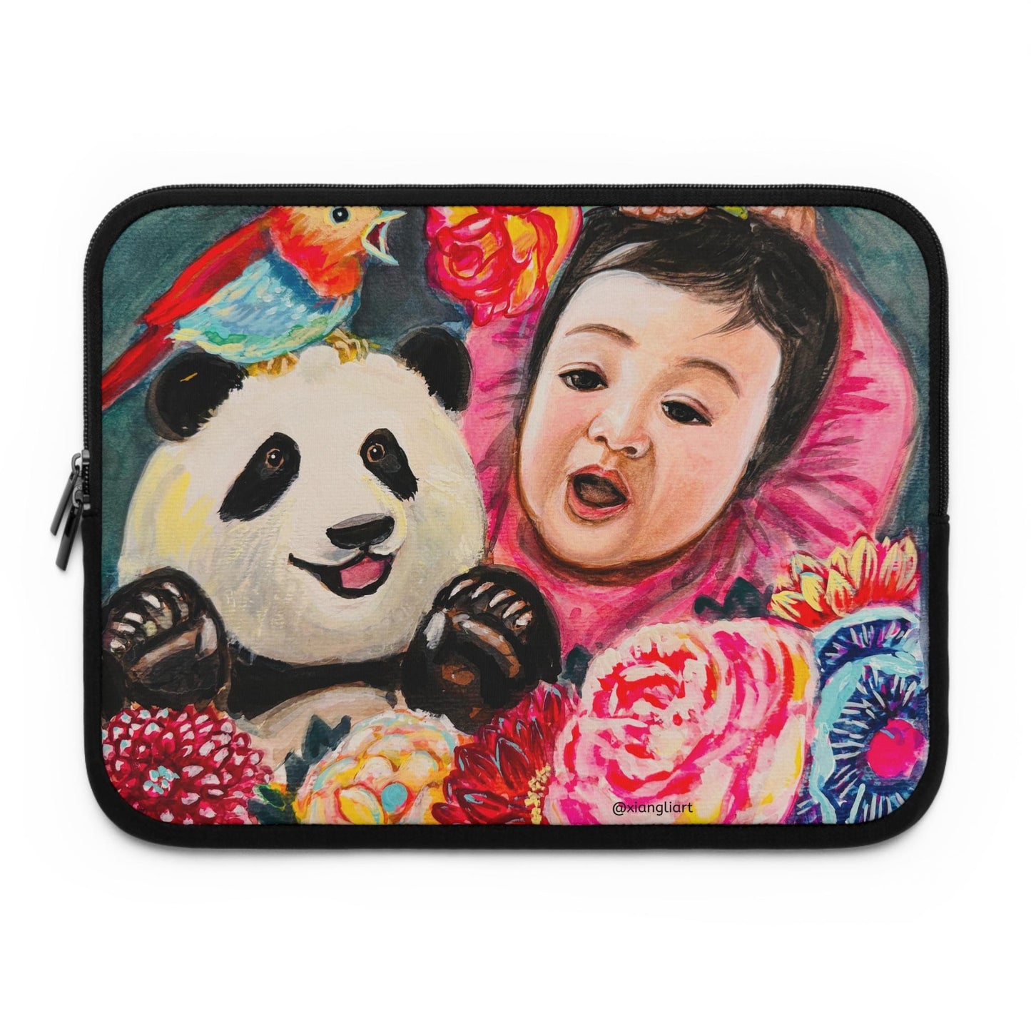 Baby and Panda Floral Art, Chinese Lunar New Year Gift, Laptop Sleeve | Colorful Nursery Illustration