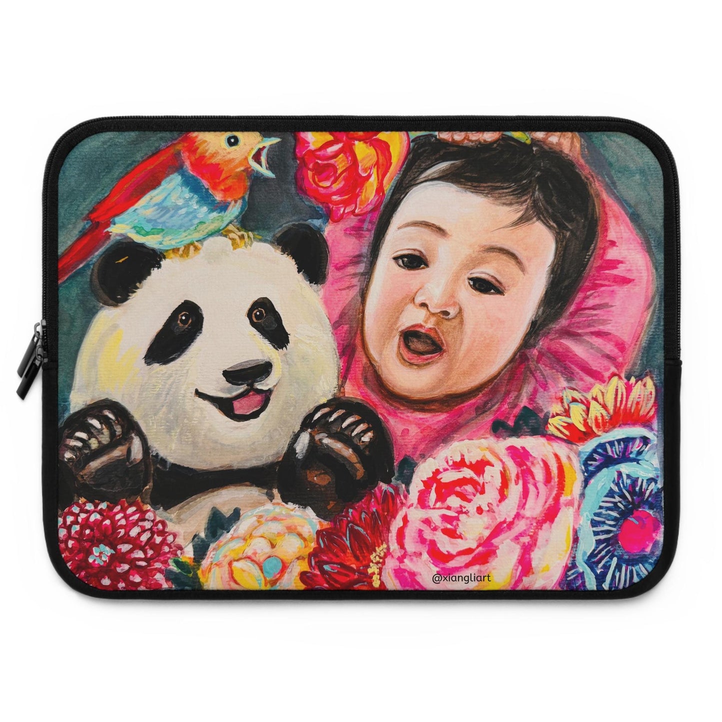 Baby and Panda Floral Art, Chinese Lunar New Year Gift, Laptop Sleeve | Colorful Nursery Illustration
