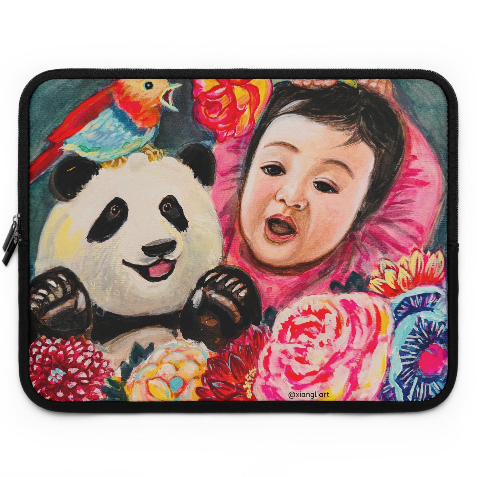 Baby and Panda Floral Art, Chinese Lunar New Year Gift, Laptop Sleeve | Colorful Nursery Illustration