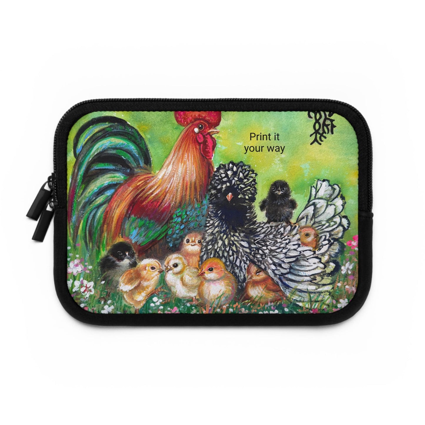 Rooster and Hen with Chicks Laptop Sleeve Chinese Horoscope Lunar New Year Gift | Farm Animal Art, Country Cottage