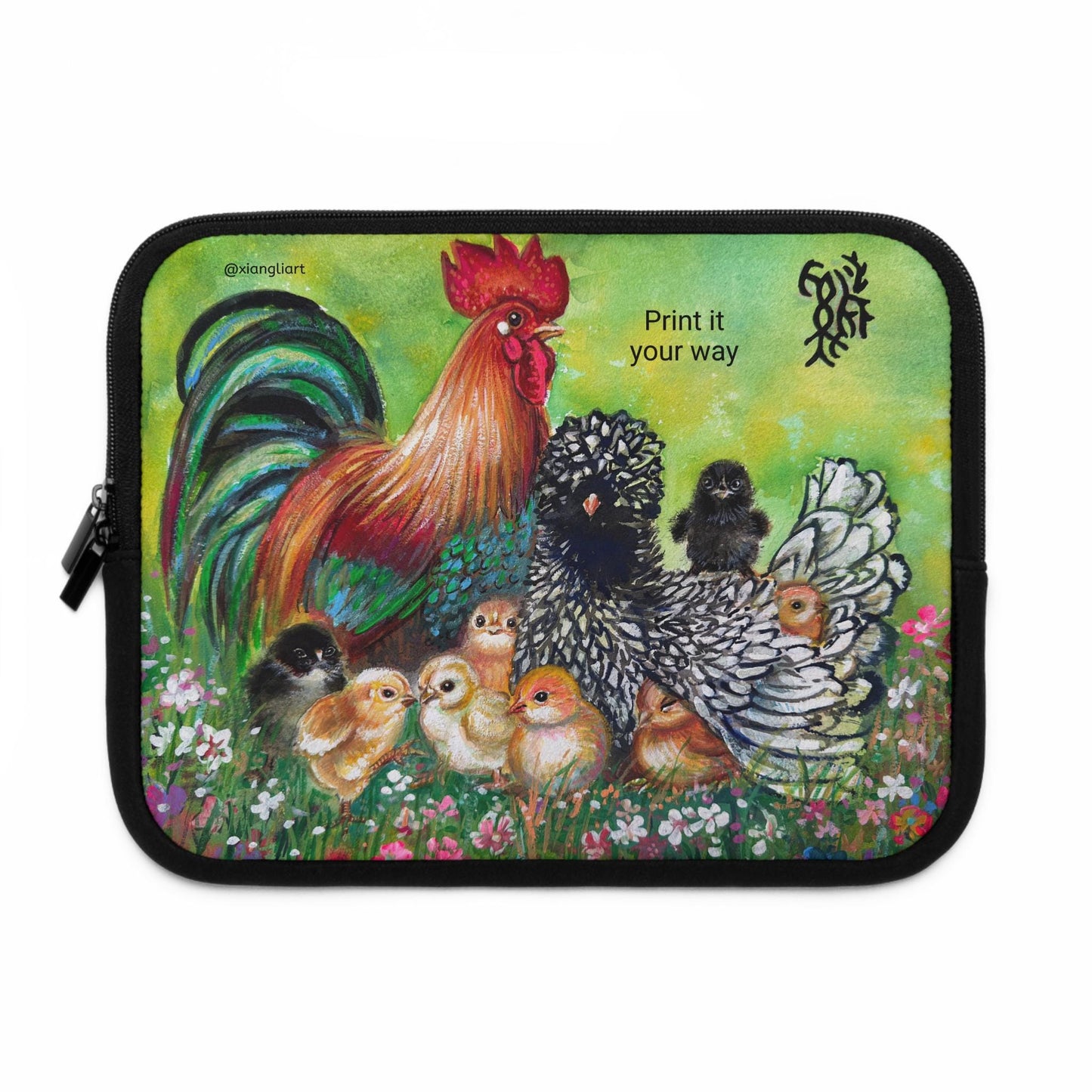 Rooster and Hen with Chicks Laptop Sleeve Chinese Horoscope Lunar New Year Gift | Farm Animal Art, Country Cottage