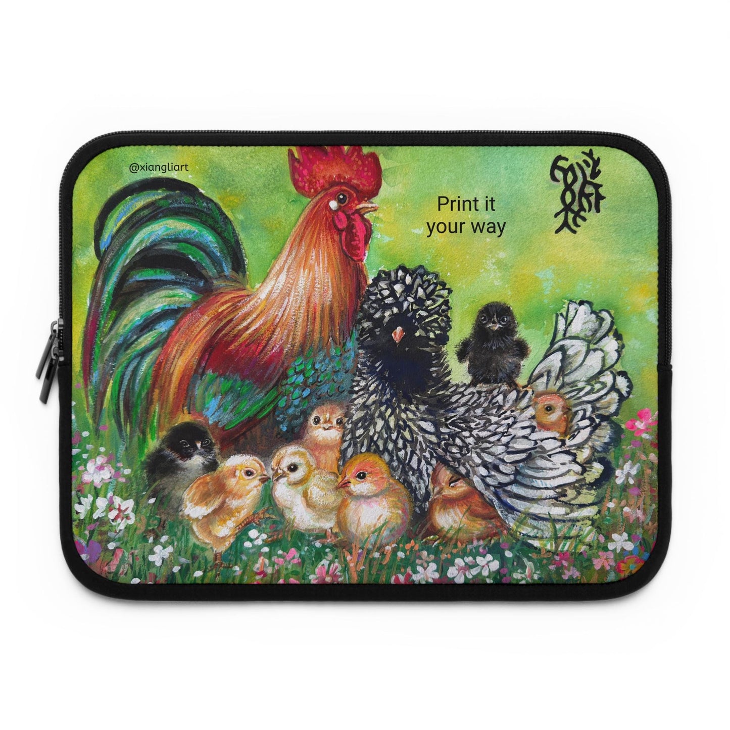 Rooster and Hen with Chicks Laptop Sleeve Chinese Horoscope Lunar New Year Gift | Farm Animal Art, Country Cottage