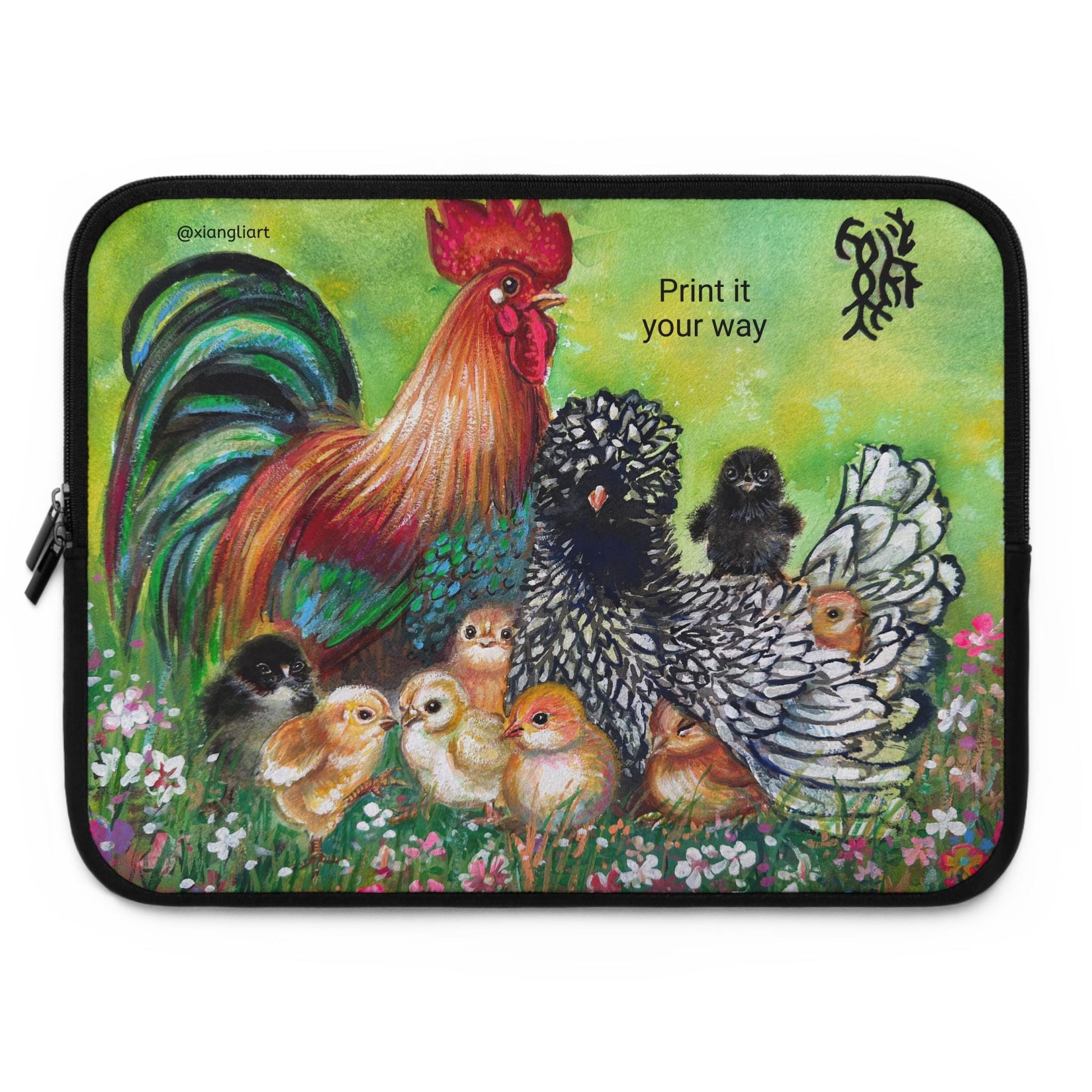 Rooster and Hen with Chicks Laptop Sleeve Chinese Horoscope Lunar New Year Gift | Farm Animal Art, Country Cottage
