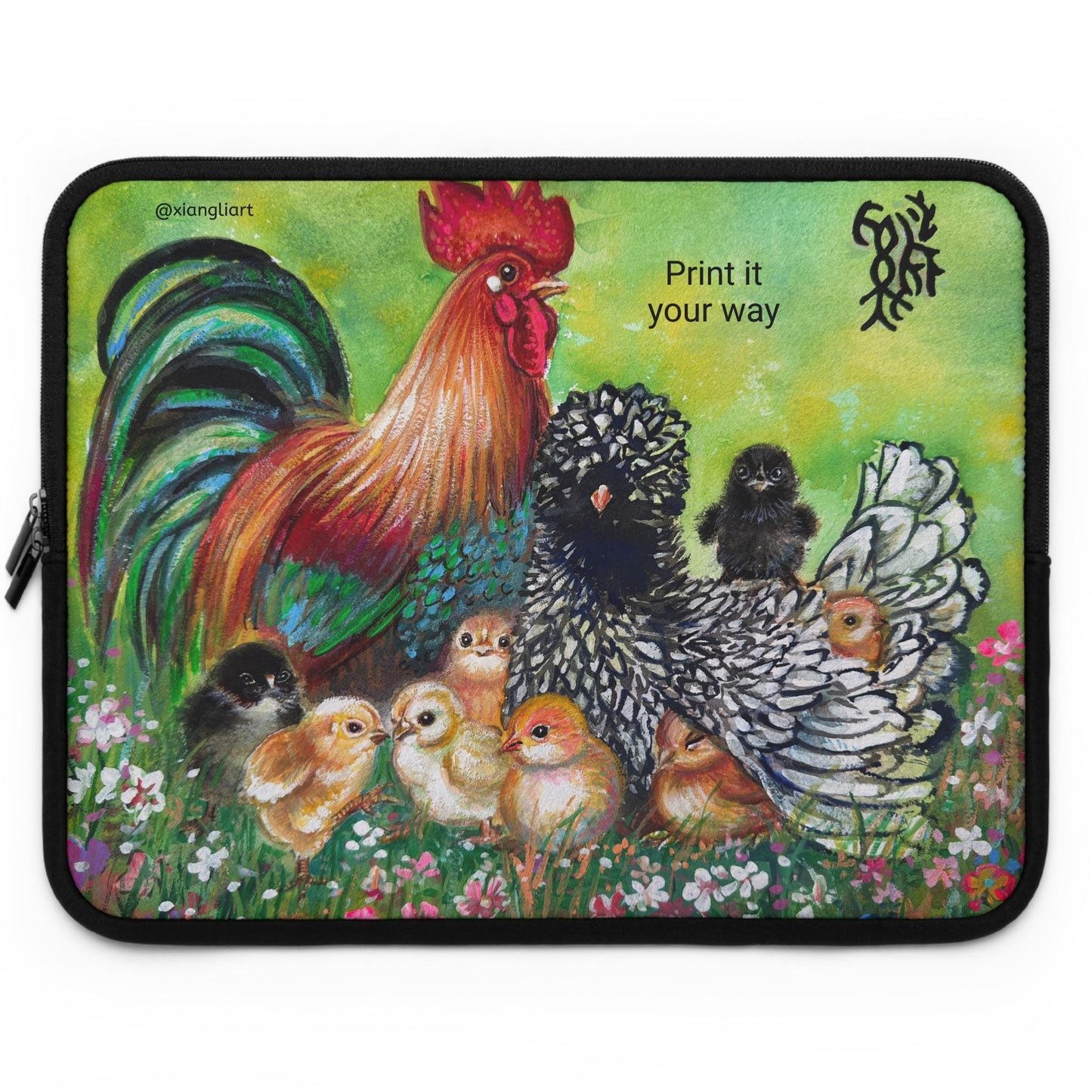 Rooster and Hen with Chicks Laptop Sleeve Chinese Horoscope Lunar New Year Gift | Farm Animal Art, Country Cottage