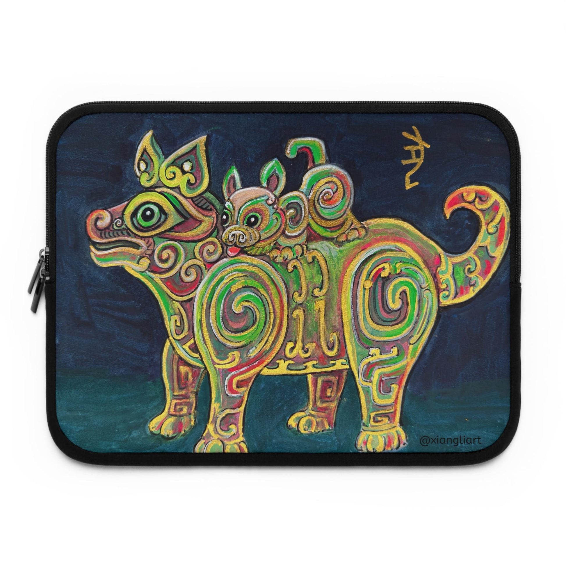 Chinese Horoscope Lunar New Year Gift Colorful Tribal Dog with Puppy Laptop Sleeve | Neon Swirl Animal Art