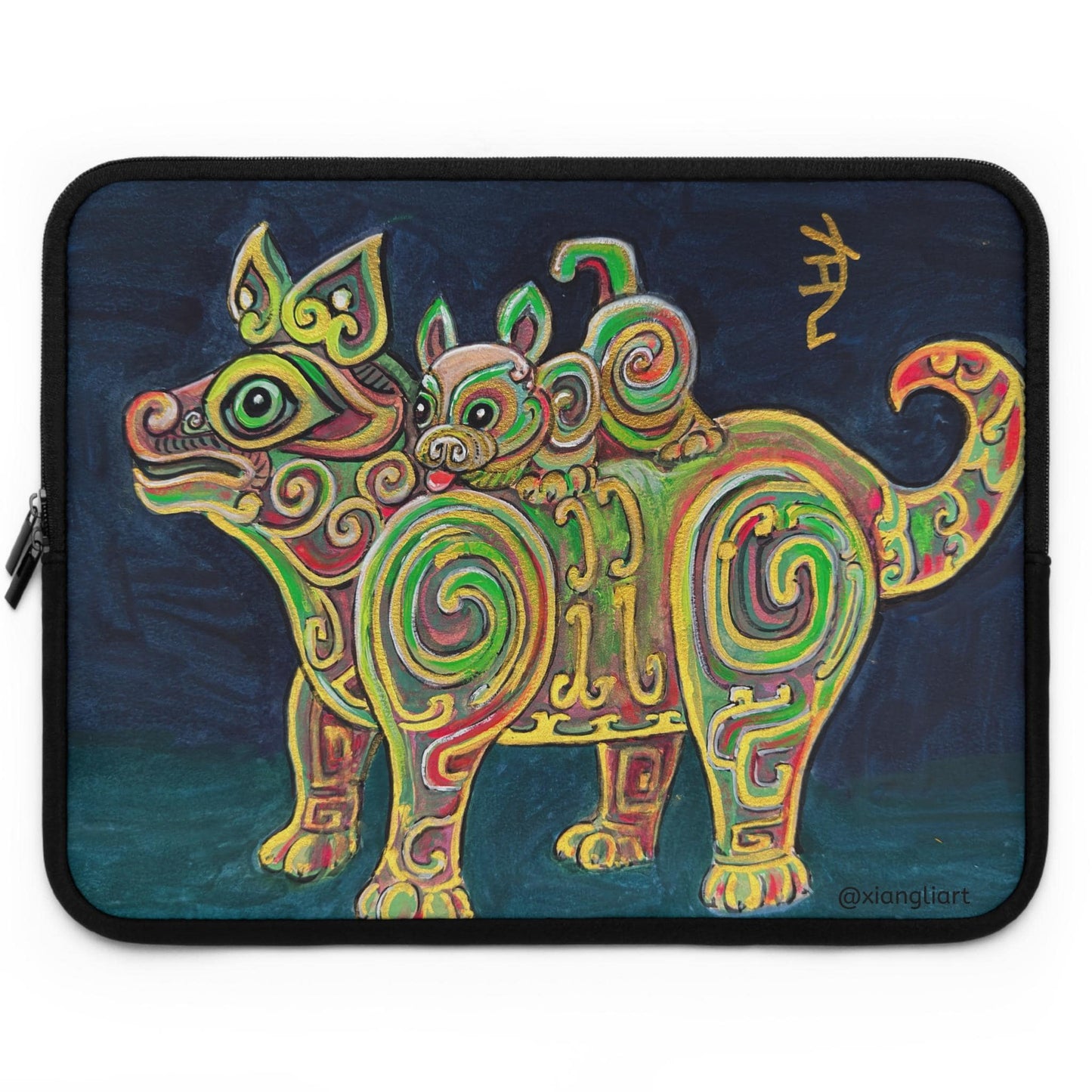 Chinese Horoscope Lunar New Year Gift Colorful Tribal Dog with Puppy Laptop Sleeve | Neon Swirl Animal Art