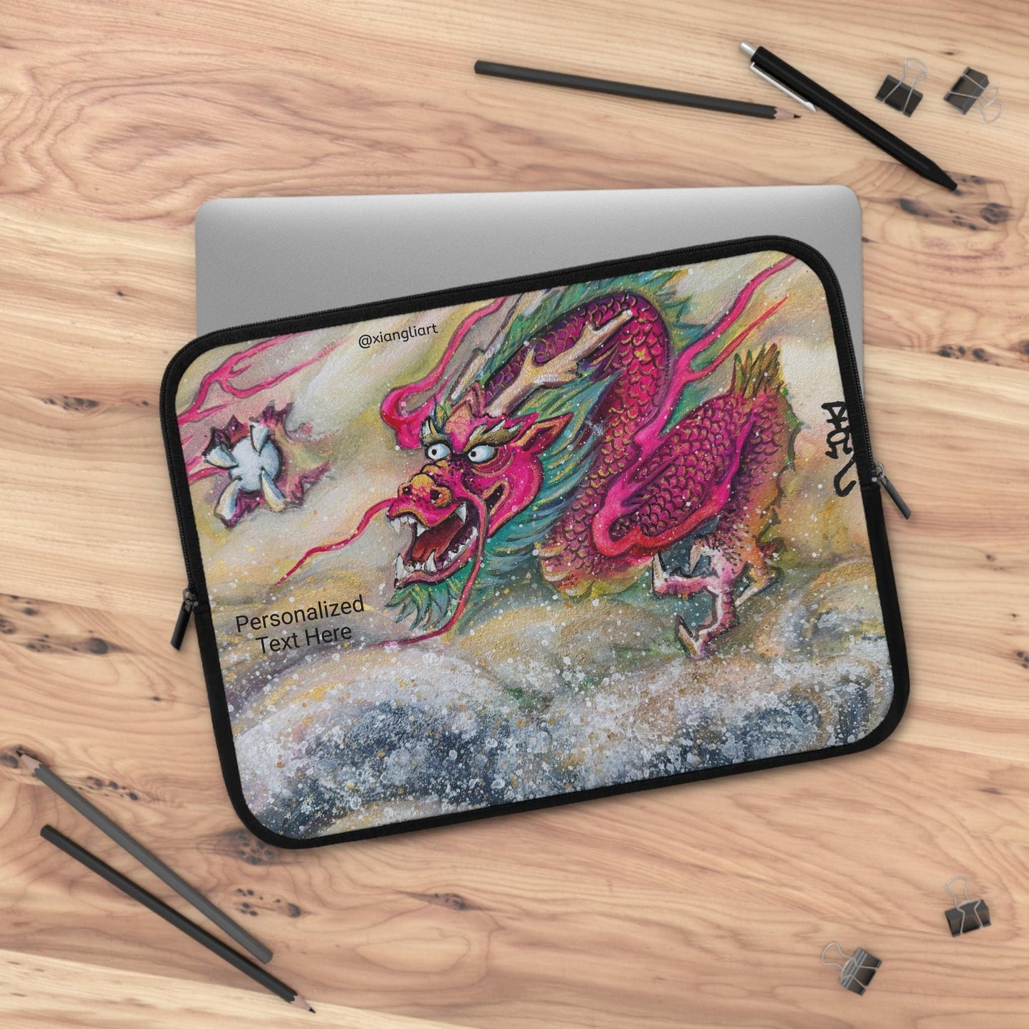 Pink Chinese Dragon Horoscope, Lunar New Year Gift, Laptop Sleeve | Watercolor Dragon Artwork, Personalized Text Option