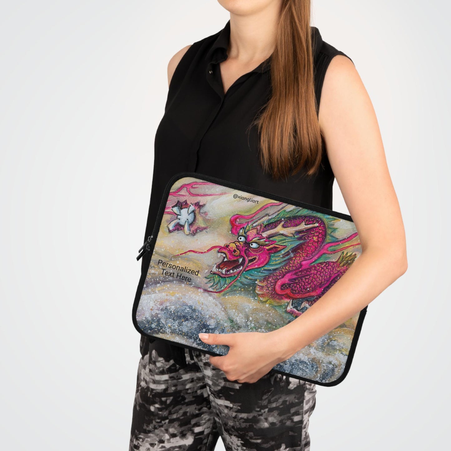 Pink Chinese Dragon Horoscope, Lunar New Year Gift, Laptop Sleeve | Watercolor Dragon Artwork, Personalized Text Option