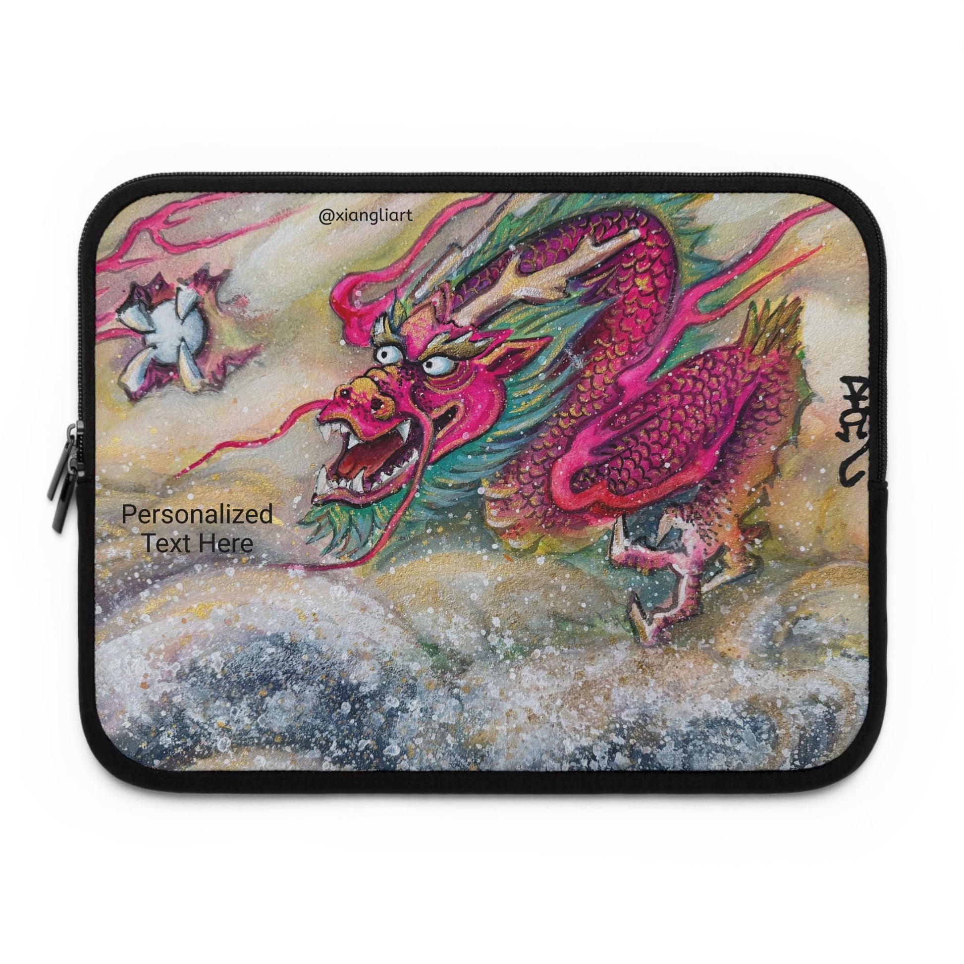 Pink Chinese Dragon Horoscope, Lunar New Year Gift, Laptop Sleeve | Watercolor Dragon Artwork, Personalized Text Option