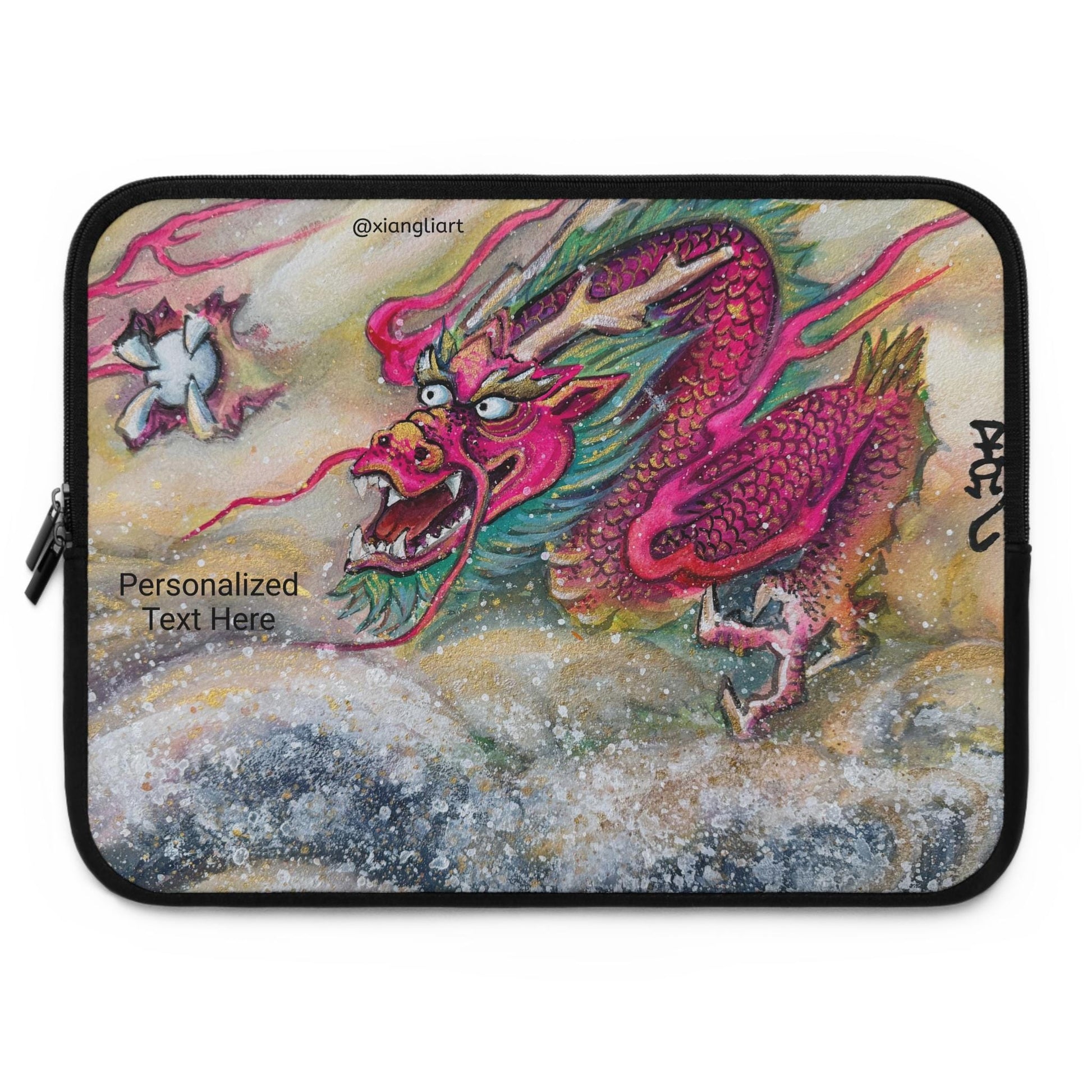Pink Chinese Dragon Horoscope, Lunar New Year Gift, Laptop Sleeve | Watercolor Dragon Artwork, Personalized Text Option