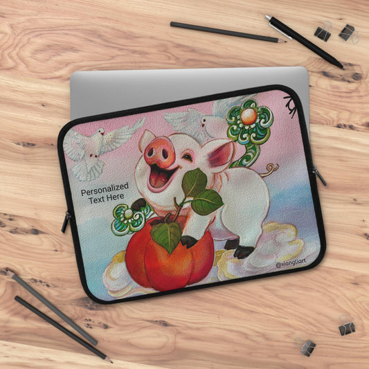 Chinese Horoscope Piglet Lunar New Year Smiling Pig with Peach Laptop Sleeve | Cute Animal Illustration