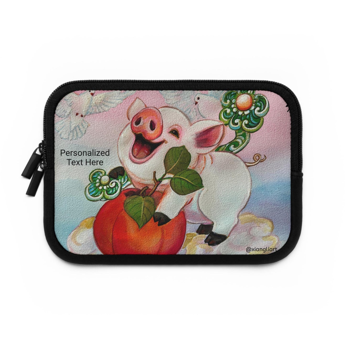 Chinese Horoscope Piglet Lunar New Year Smiling Pig with Peach Laptop Sleeve | Cute Animal Illustration