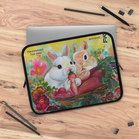 Chinese Horoscope Year of Rabbit Lunar New Year Gift Bunny Basket Illustration Laptop Sleeve | Cute Rabbits, Floral Carrots