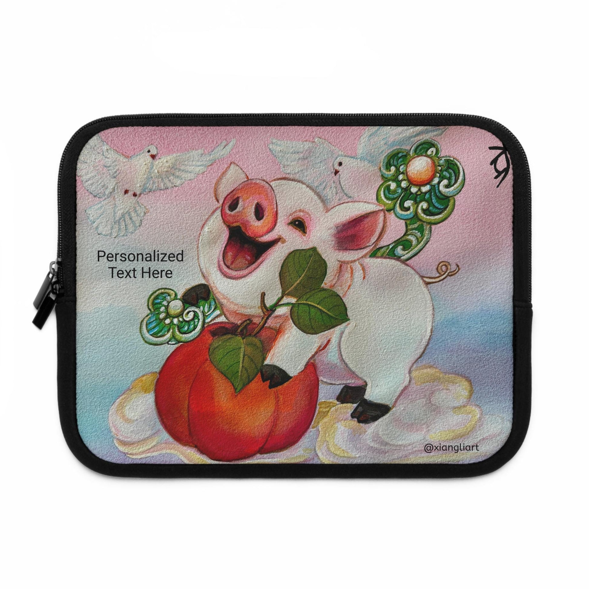 Chinese Horoscope Piglet Lunar New Year Smiling Pig with Peach Laptop Sleeve | Cute Animal Illustration