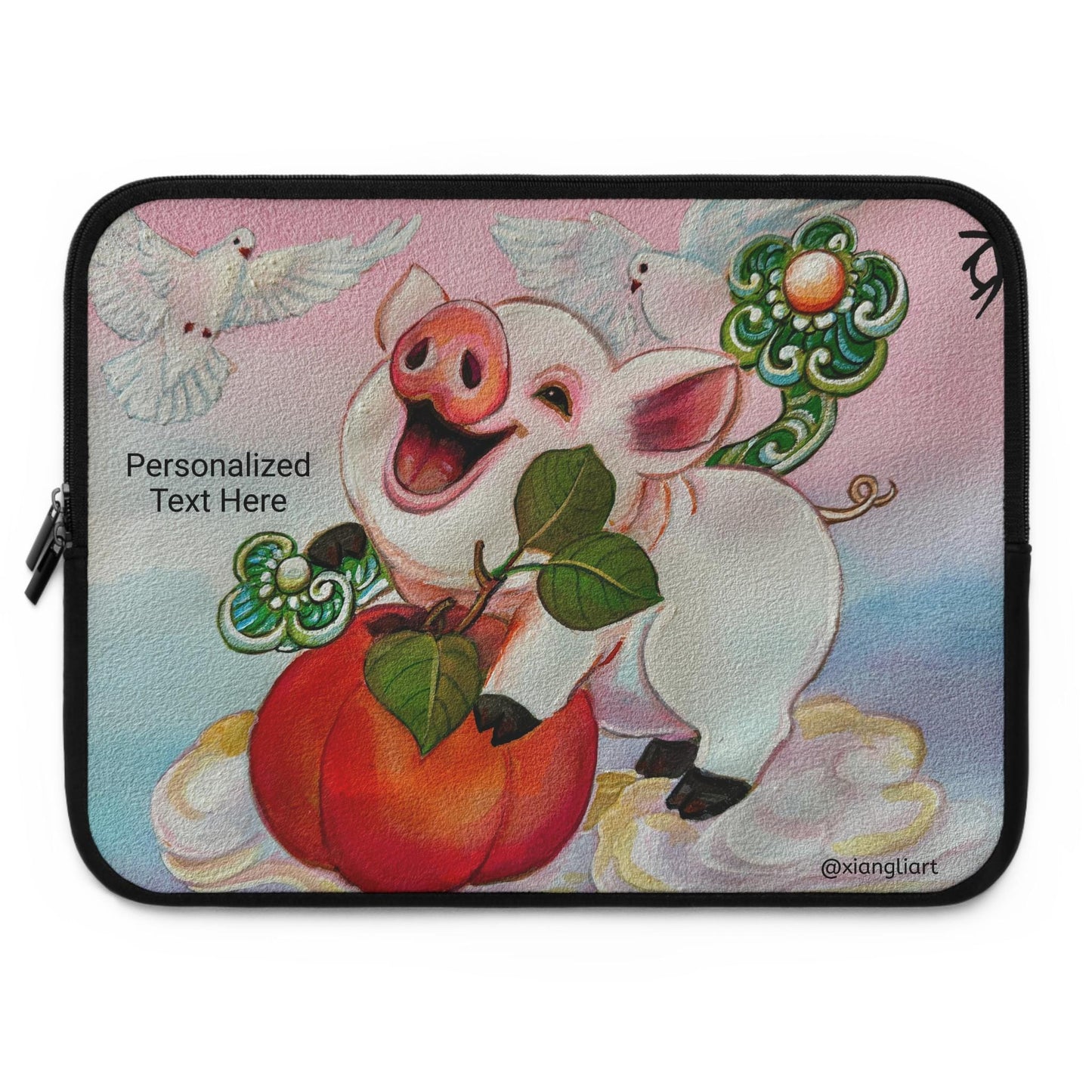 Chinese Horoscope Piglet Lunar New Year Smiling Pig with Peach Laptop Sleeve | Cute Animal Illustration