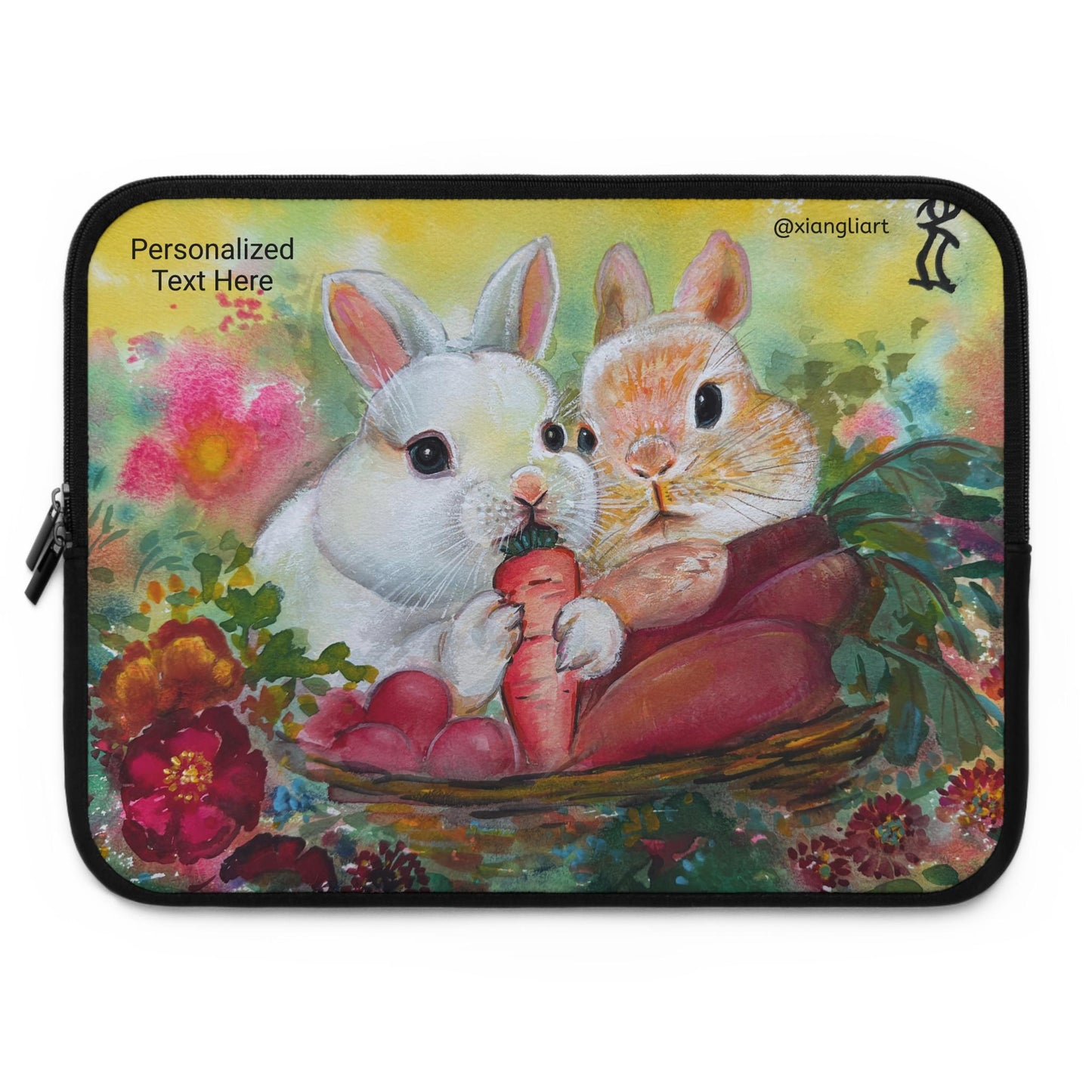 Chinese Horoscope Year of Rabbit Lunar New Year Gift Bunny Basket Illustration Laptop Sleeve | Cute Rabbits, Floral Carrots