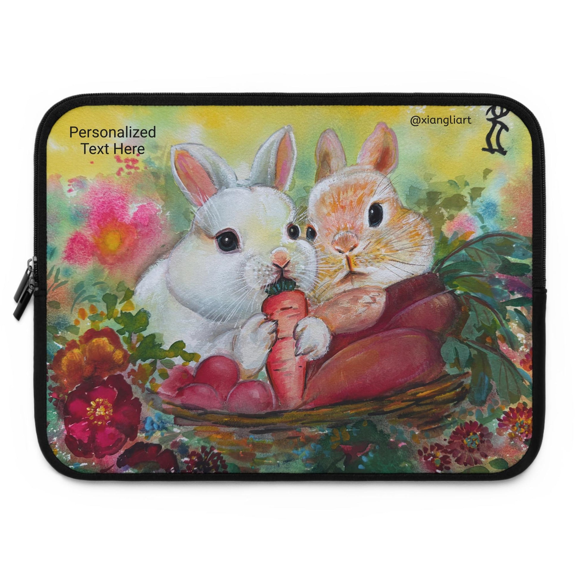 Chinese Horoscope Year of Rabbit Lunar New Year Gift Bunny Basket Illustration Laptop Sleeve | Cute Rabbits, Floral Carrots