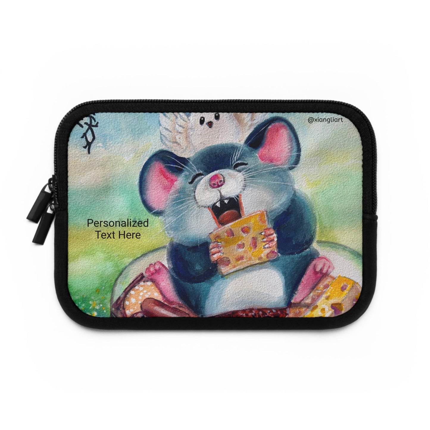 Chinese Horoscope Rat Lunar New Year Cheerful Cartoon Mouse Eating Cheese Laptop Sleeve | Cute Animal Sleeve