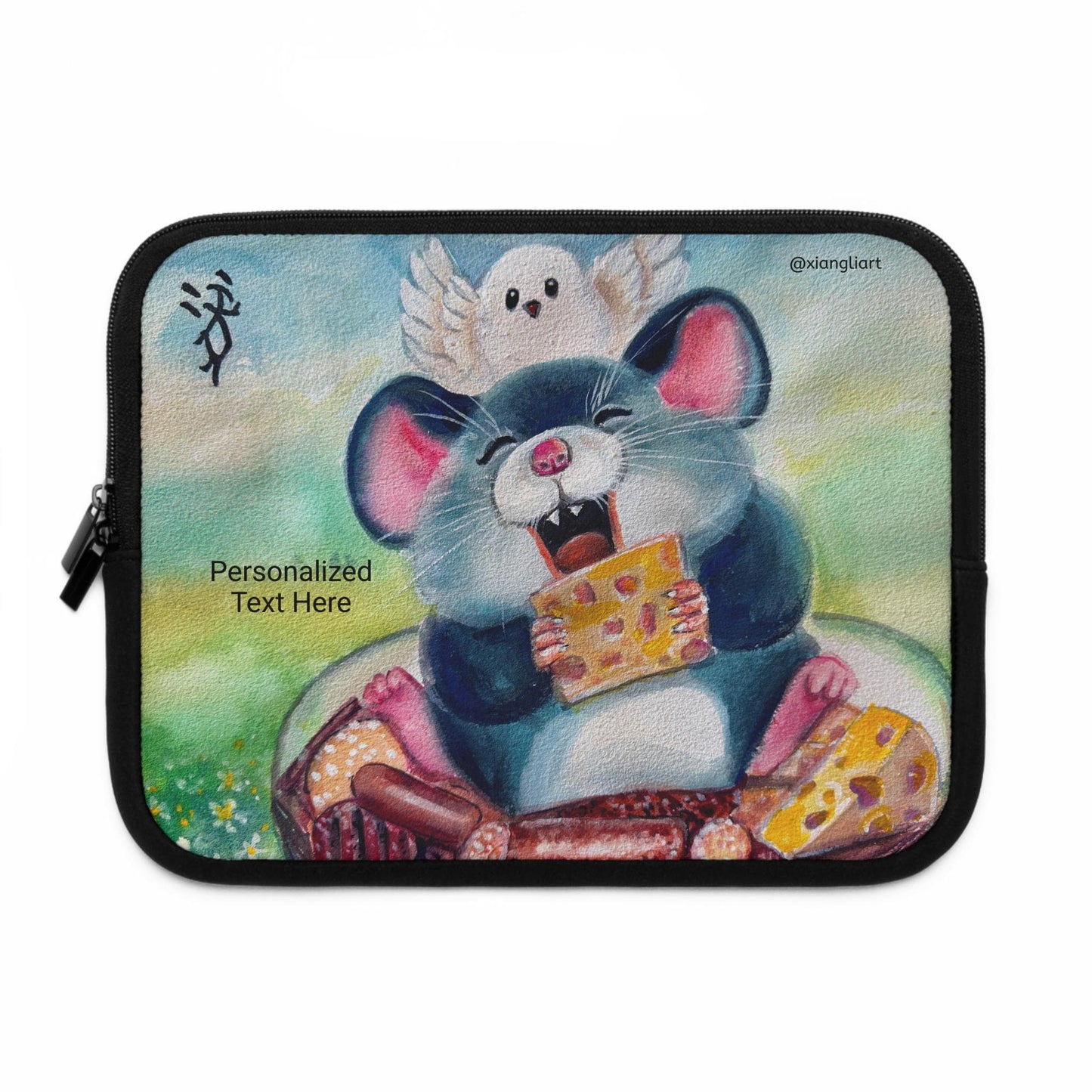 Chinese Horoscope Rat Lunar New Year Cheerful Cartoon Mouse Eating Cheese Laptop Sleeve | Cute Animal Sleeve