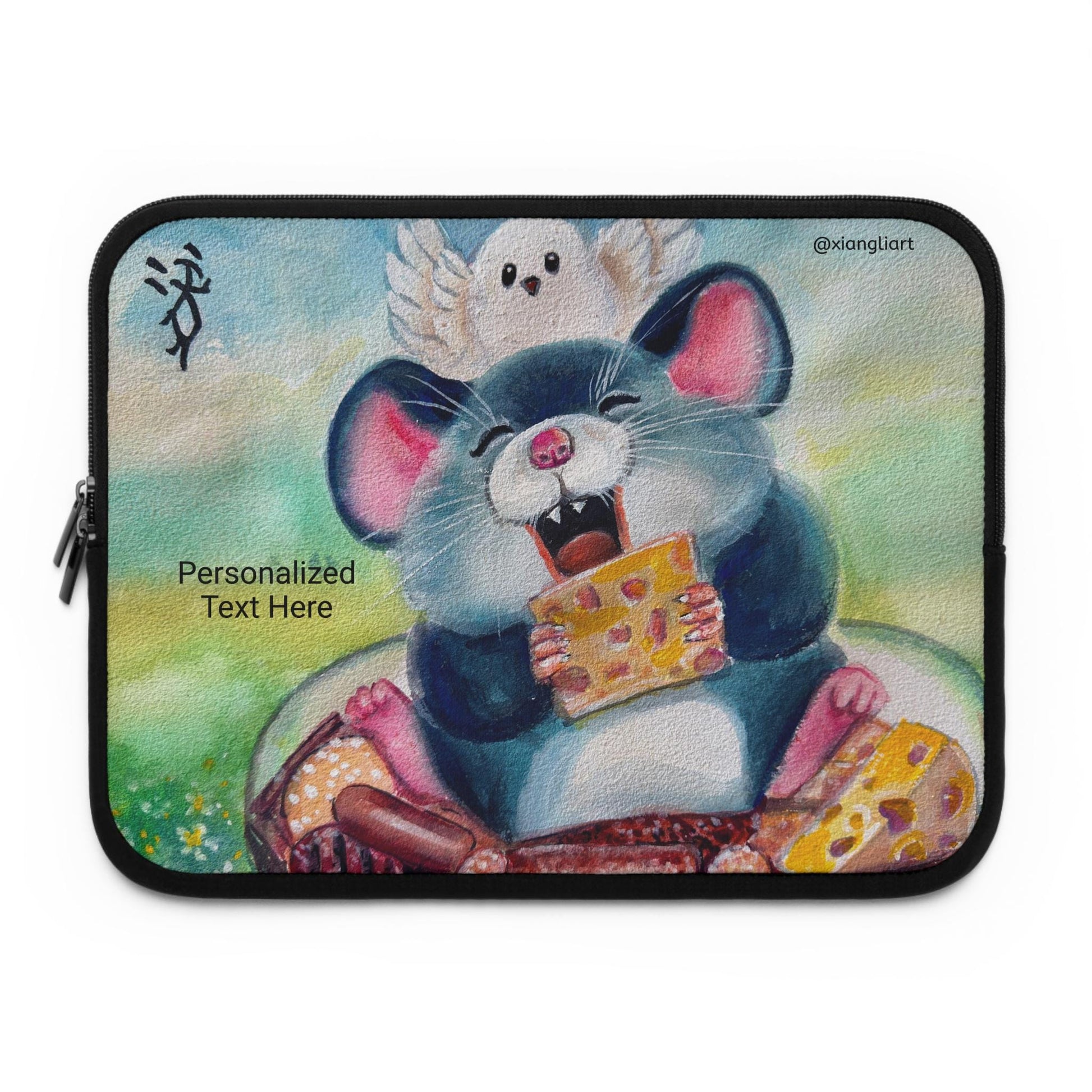 Chinese Horoscope Rat Lunar New Year Cheerful Cartoon Mouse Eating Cheese Laptop Sleeve | Cute Animal Sleeve