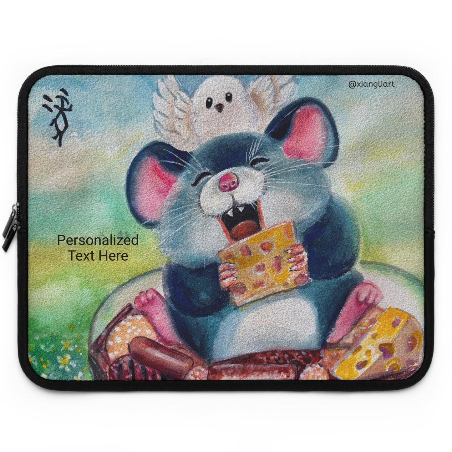 Chinese Horoscope Rat Lunar New Year Cheerful Cartoon Mouse Eating Cheese Laptop Sleeve | Cute Animal Sleeve