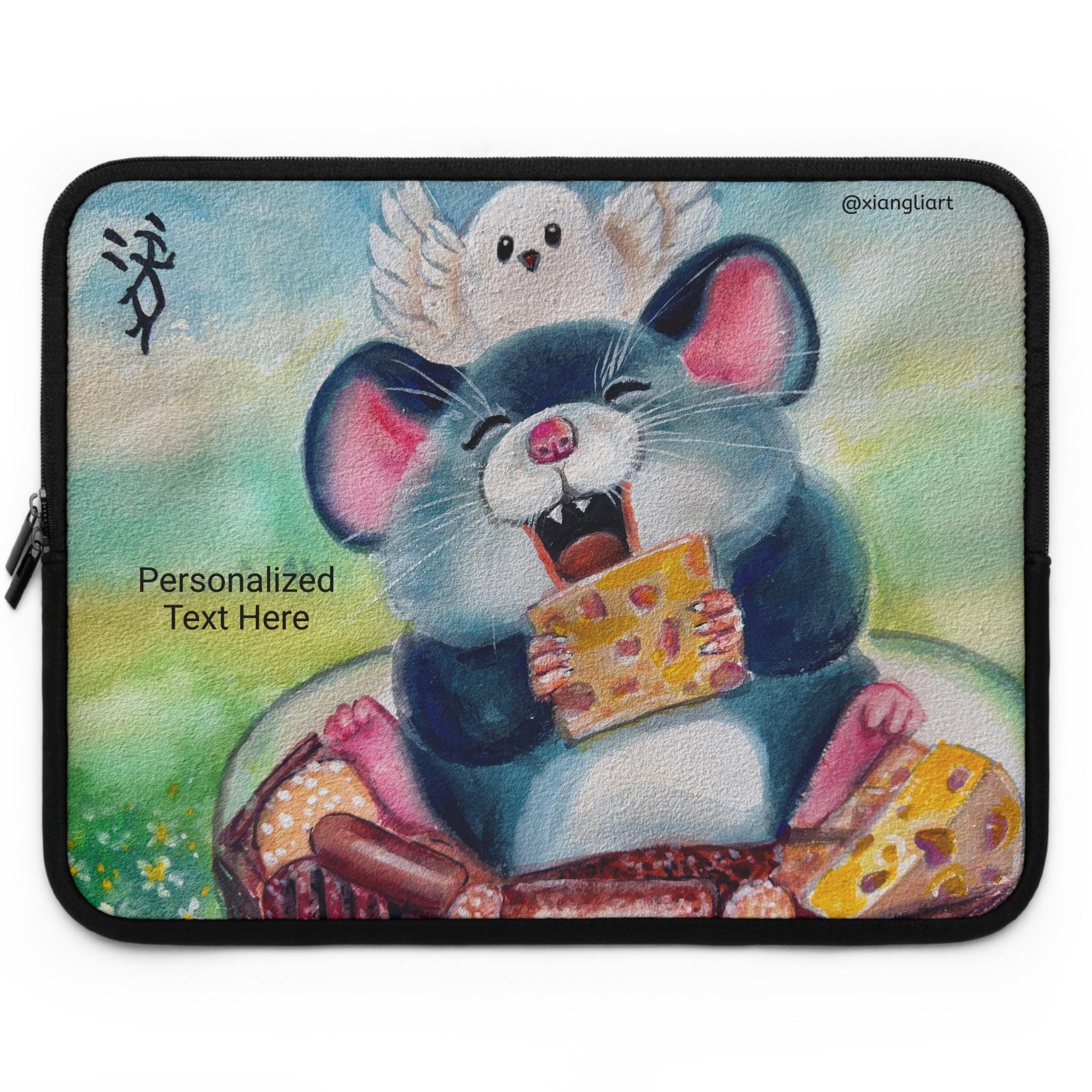 Chinese Horoscope Rat Lunar New Year Cheerful Cartoon Mouse Eating Cheese Laptop Sleeve | Cute Animal Sleeve