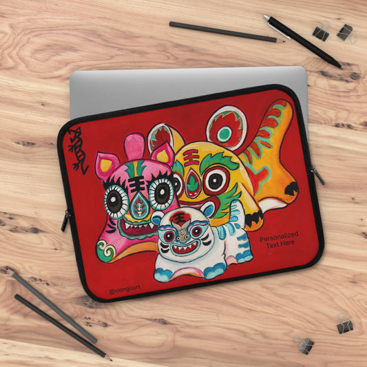 Chinese Horoscope Lunar New Year Tiger Mask Trio Laptop Sleeve | Colorful Chinese Lion Art, Protective Neoprene