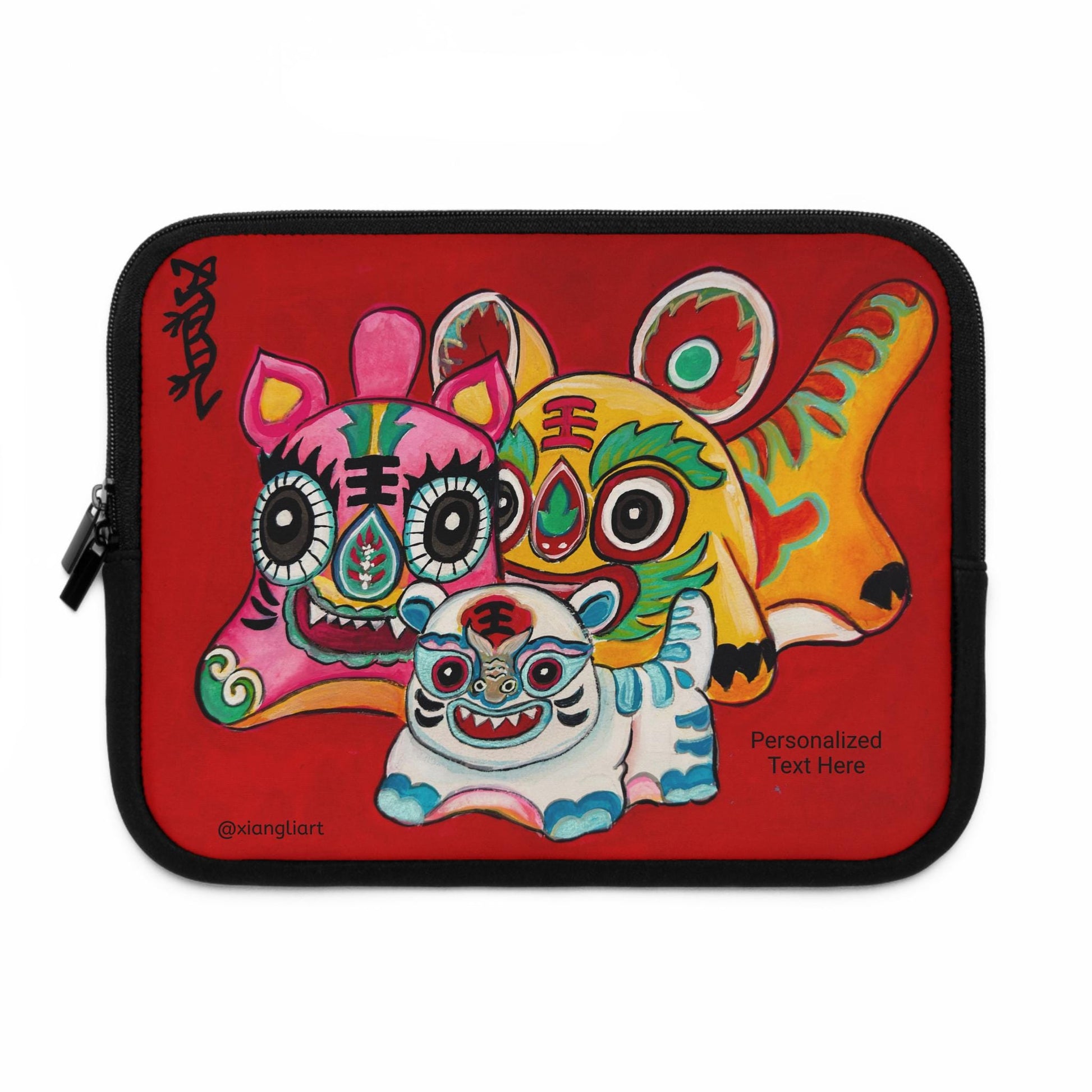 Chinese Horoscope Lunar New Year Tiger Mask Trio Laptop Sleeve | Colorful Chinese Lion Art, Protective Neoprene