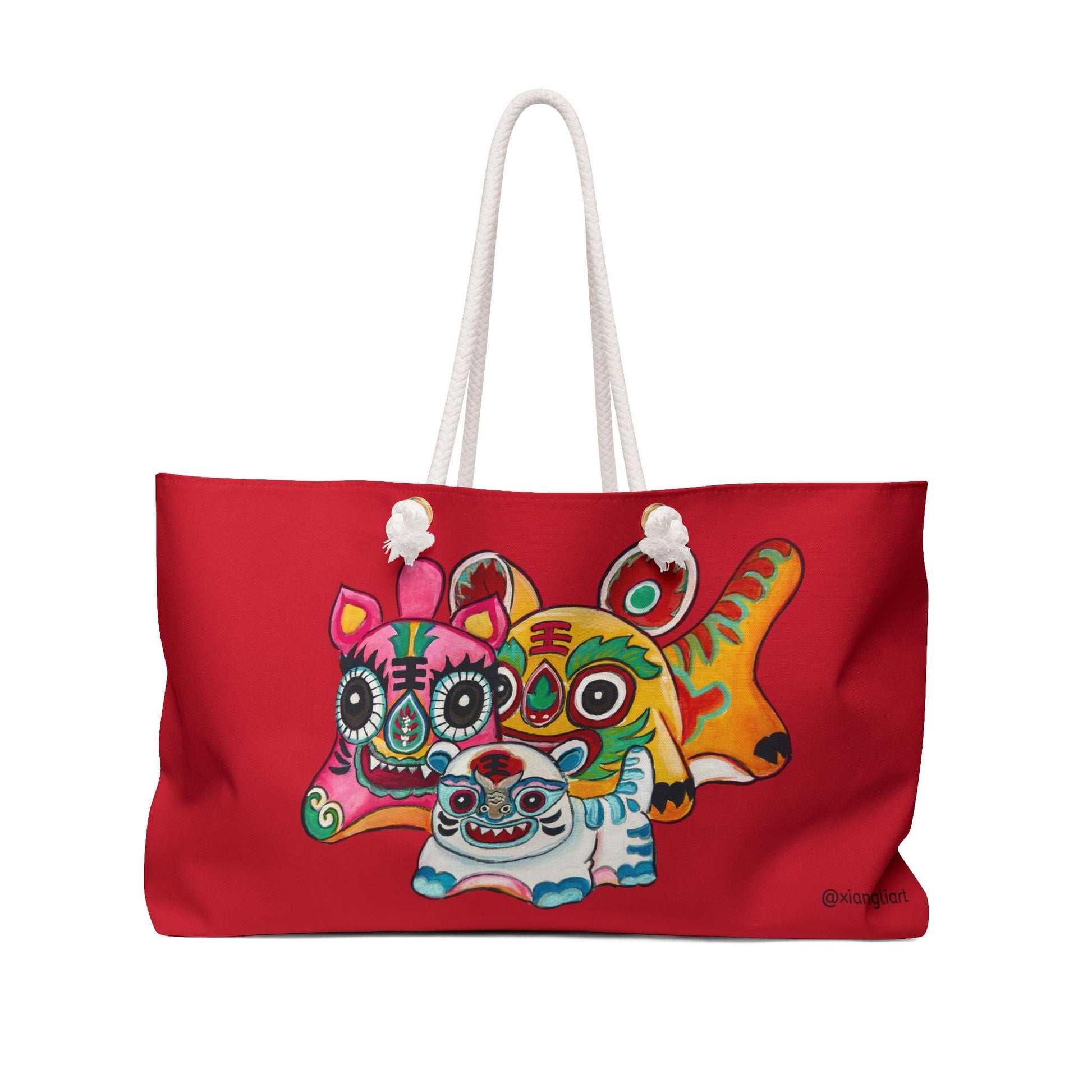 Chinese Horoscope Tiger Watercolor Art Lunar New Year Gift Colorful Tiger Folk Art Weekender | Red Travel Bag