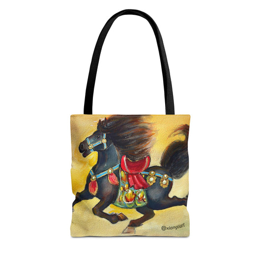 Chinese Horoscope Horse Lunar New Year 2026 Best Gift Black Carousel Horse Tote Bag | Colorful Saddle All-Over Print