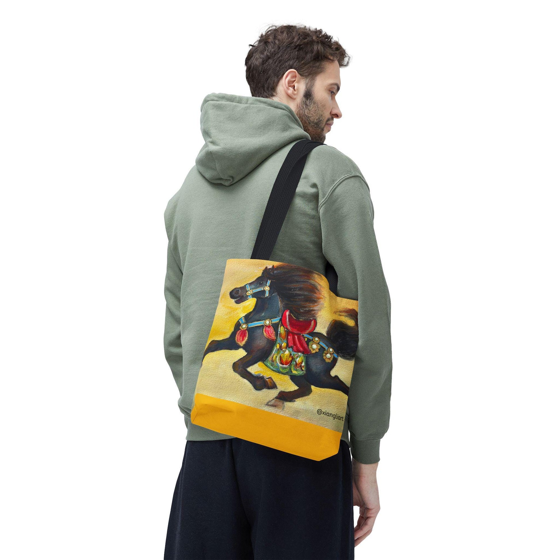 Chinese Horoscope Horse Lunar New Year 2026 Best Gift Black Carousel Horse Tote Bag | Colorful Saddle All-Over Print