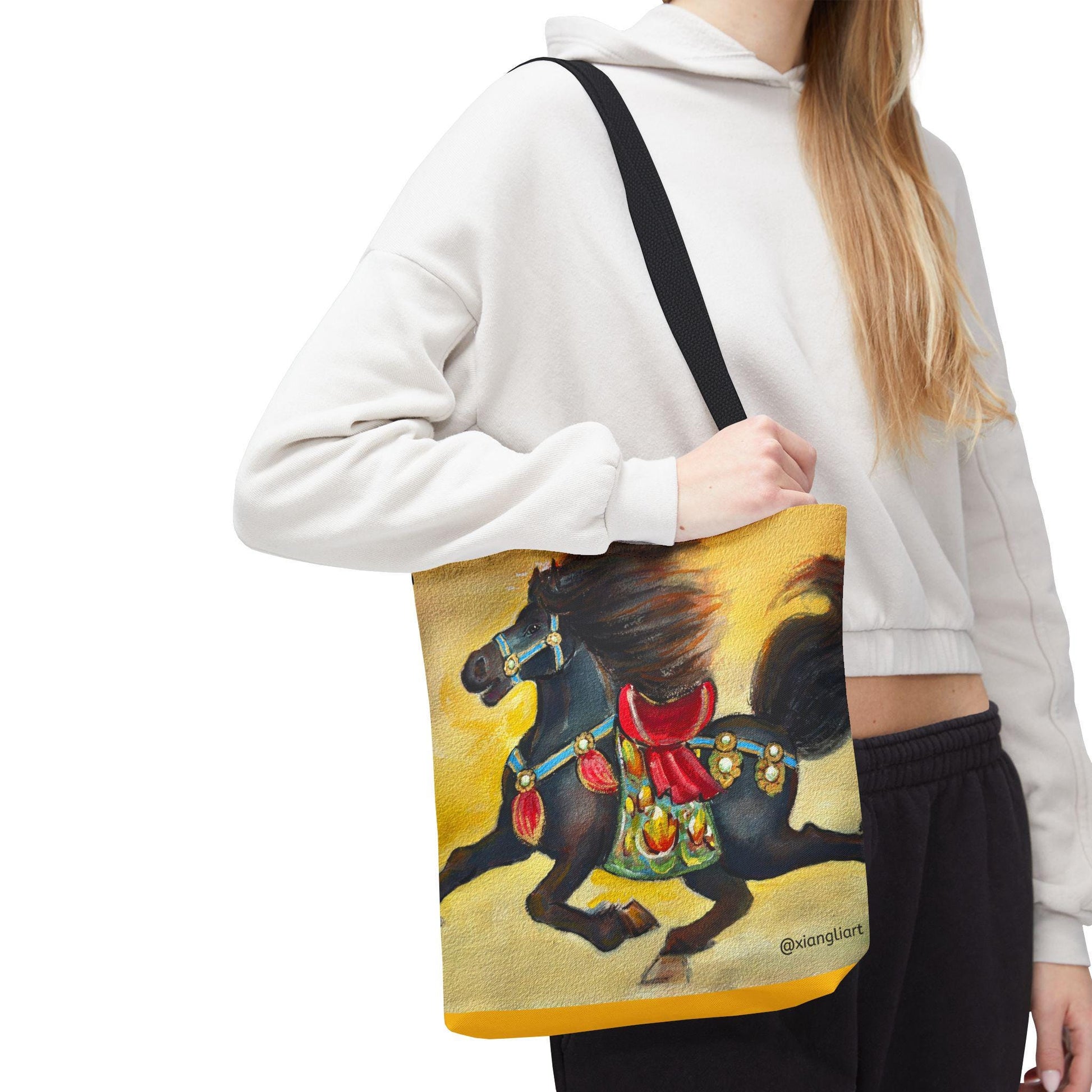 Chinese Horoscope Horse Lunar New Year 2026 Best Gift Black Carousel Horse Tote Bag | Colorful Saddle All-Over Print