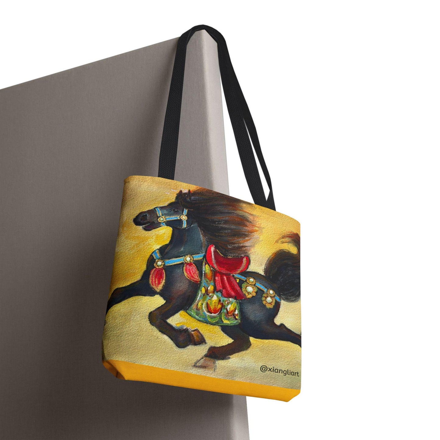 Chinese Horoscope Horse Lunar New Year 2026 Best Gift Black Carousel Horse Tote Bag | Colorful Saddle All-Over Print